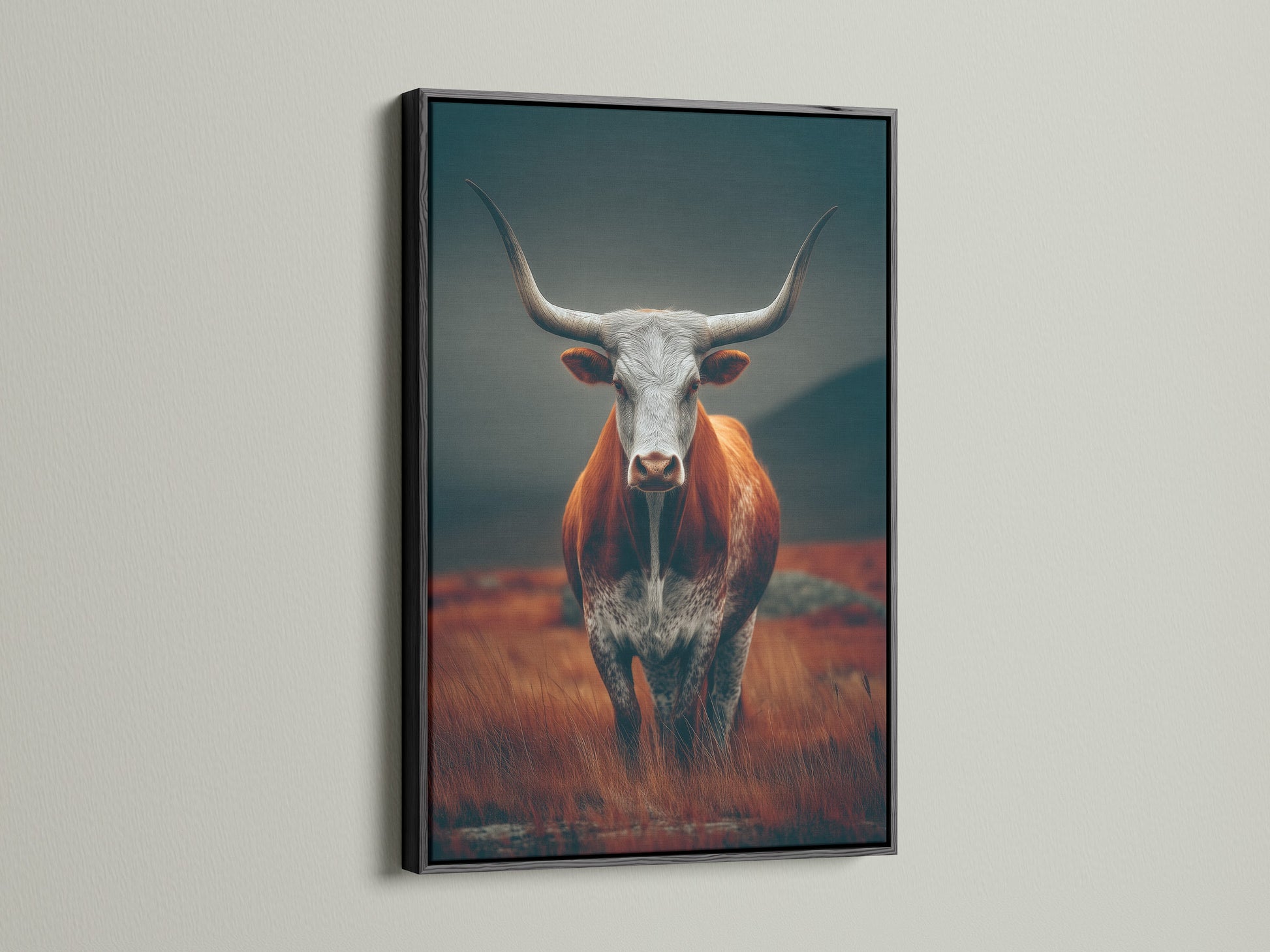 The black frame gives this farm animal artwork a sleek and sophisticated look. The contrast of the dark frame makes the colors more vibrant. This bull canvas art is perfect for adding a touch of country style to a modern space. It creates a bold statement