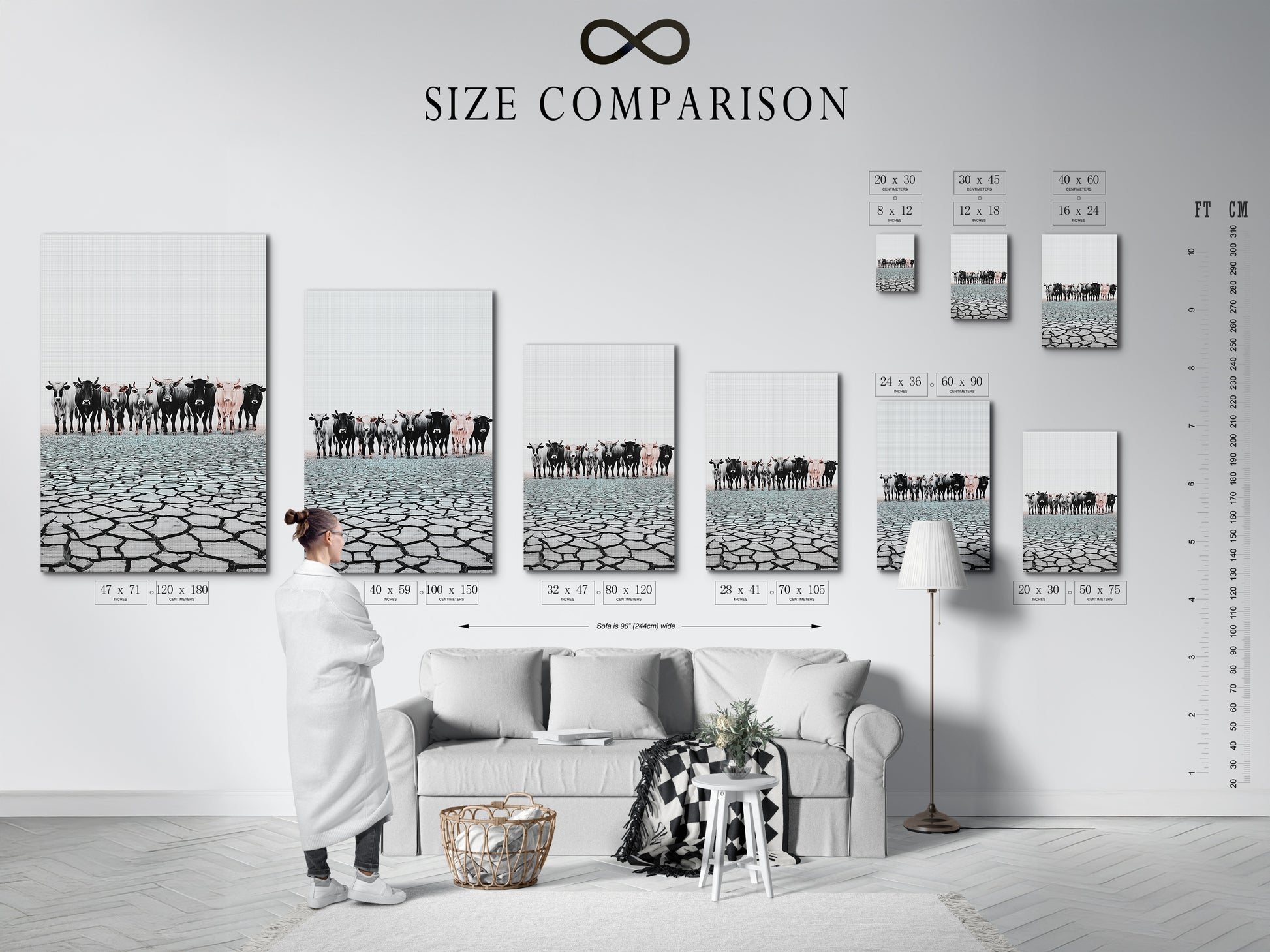 Size comparison chart in interior featuring cattle canvas print. Visualize the perfect fit for your space. See how our farm animal art complements different room sizes. Check size options.