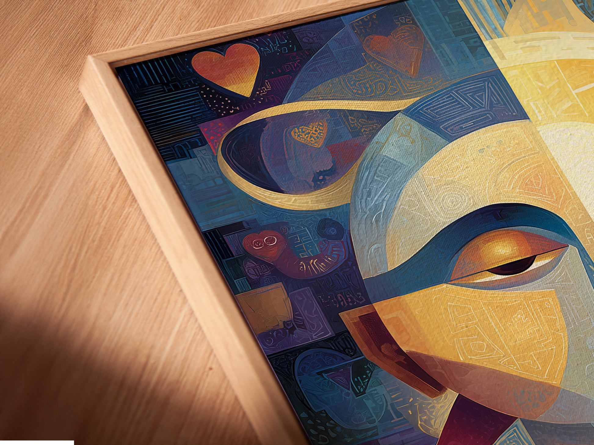 A close-up of a canvas art print in a floating frame. The floating frame gives a modern and gallery-like appearance. It highlights artwork allowing it to stand out. An elegant way to display art with a seamless sophisticated look.