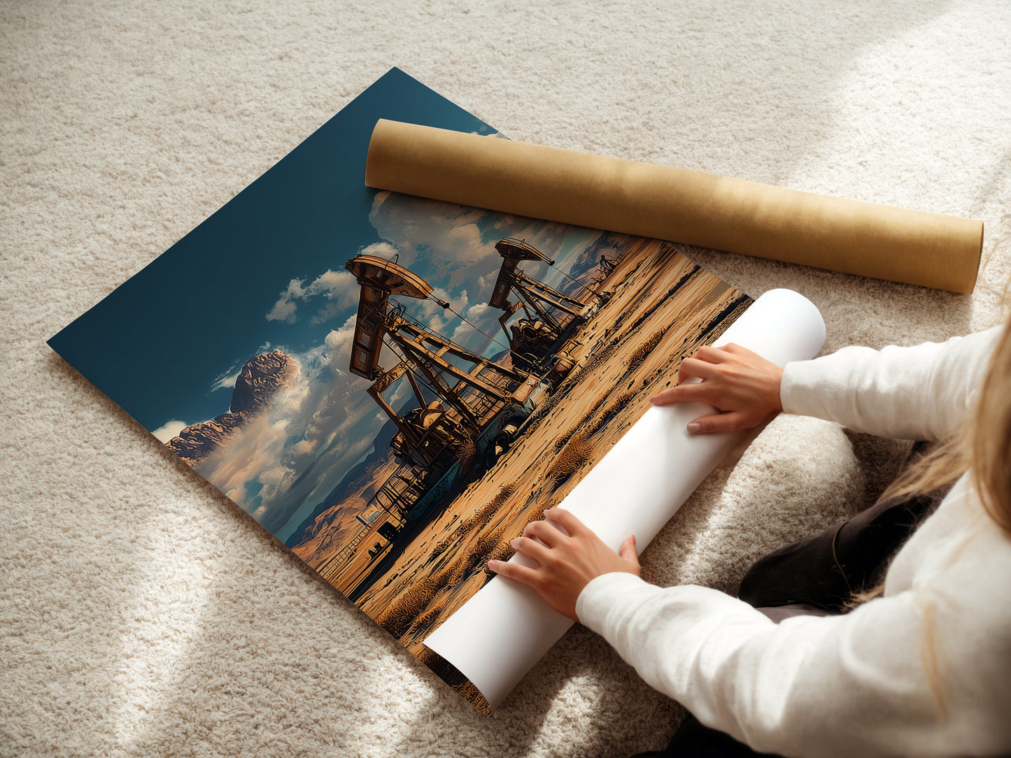 Woman carefully rolling a fine art poster paper print. This desert landscape artwork. The earth tone decor is perfect for any space. Get your industrial photography print today. Perfect for minimalist Scandinavian rustic or industrial style decor.