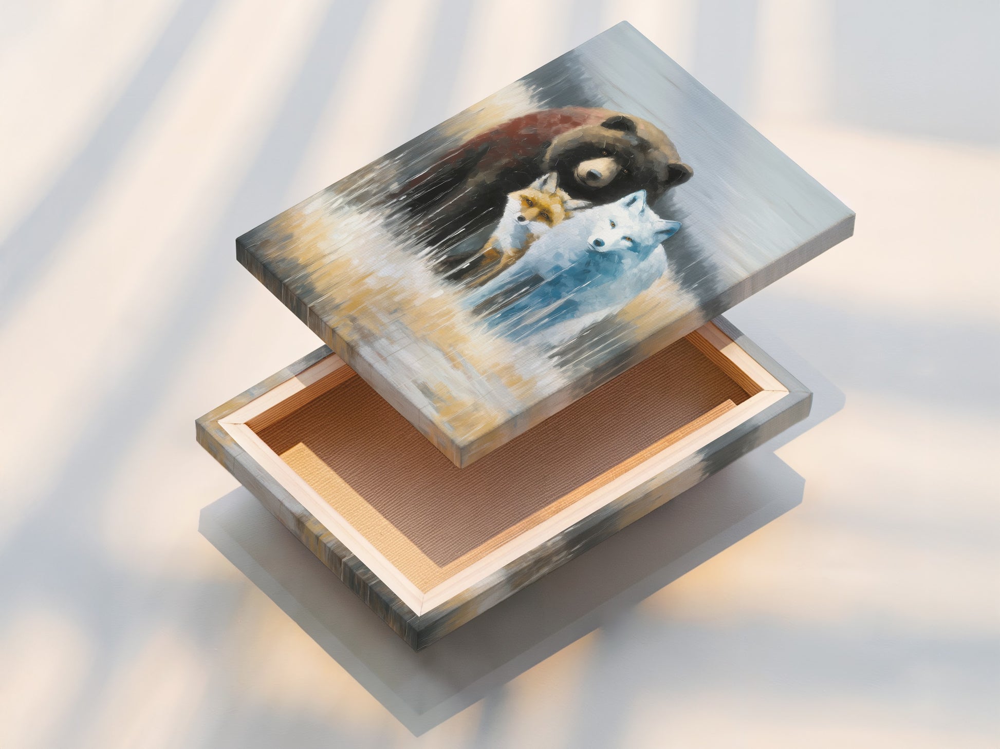 Stretched canvas print of the Wildlife Trio artwork. Featuring a bear fox and wolf. Neutral tones complement any cabin decor. Durable and ready to hang. This animal canvas adds rustic charm to living rooms studies and offices.