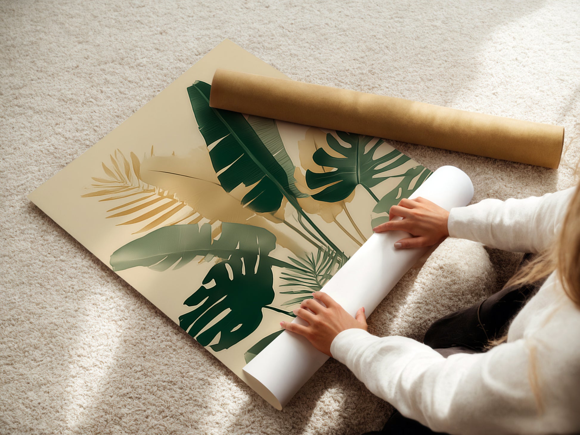 A woman carefully rolls a fine art poster paper. The paper is being prepared for framing. The woman ensures the art remains pristine. Fine art poster paper offers a premium print quality. Discover fine art posters ready to frame.