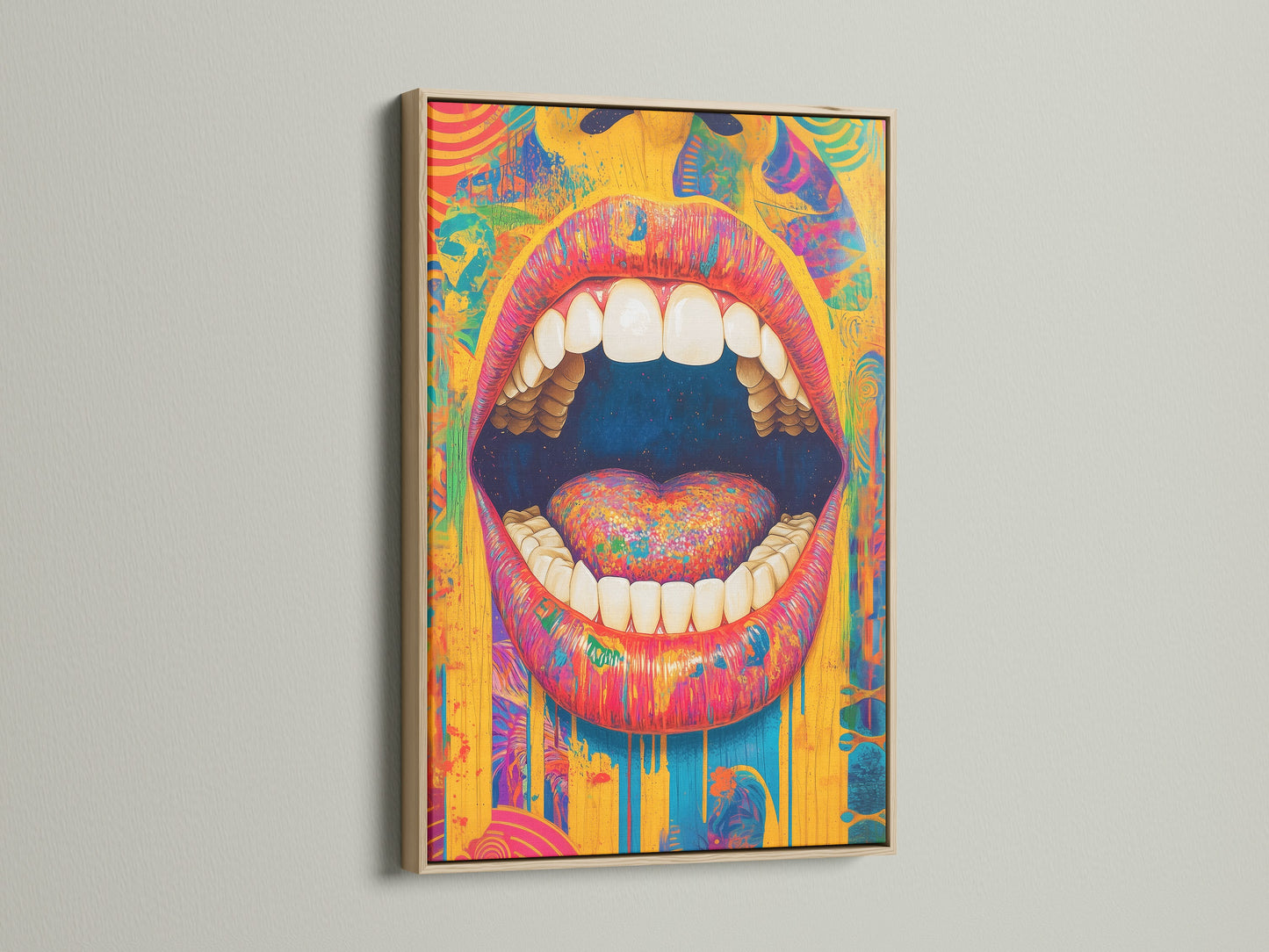 A close up of a psychedelic mouth artwork print in an oak frame. The colorful lips art is showcased. The print is a great choice for adding a vibrant touch to any room. Consider this trippy art for your home.