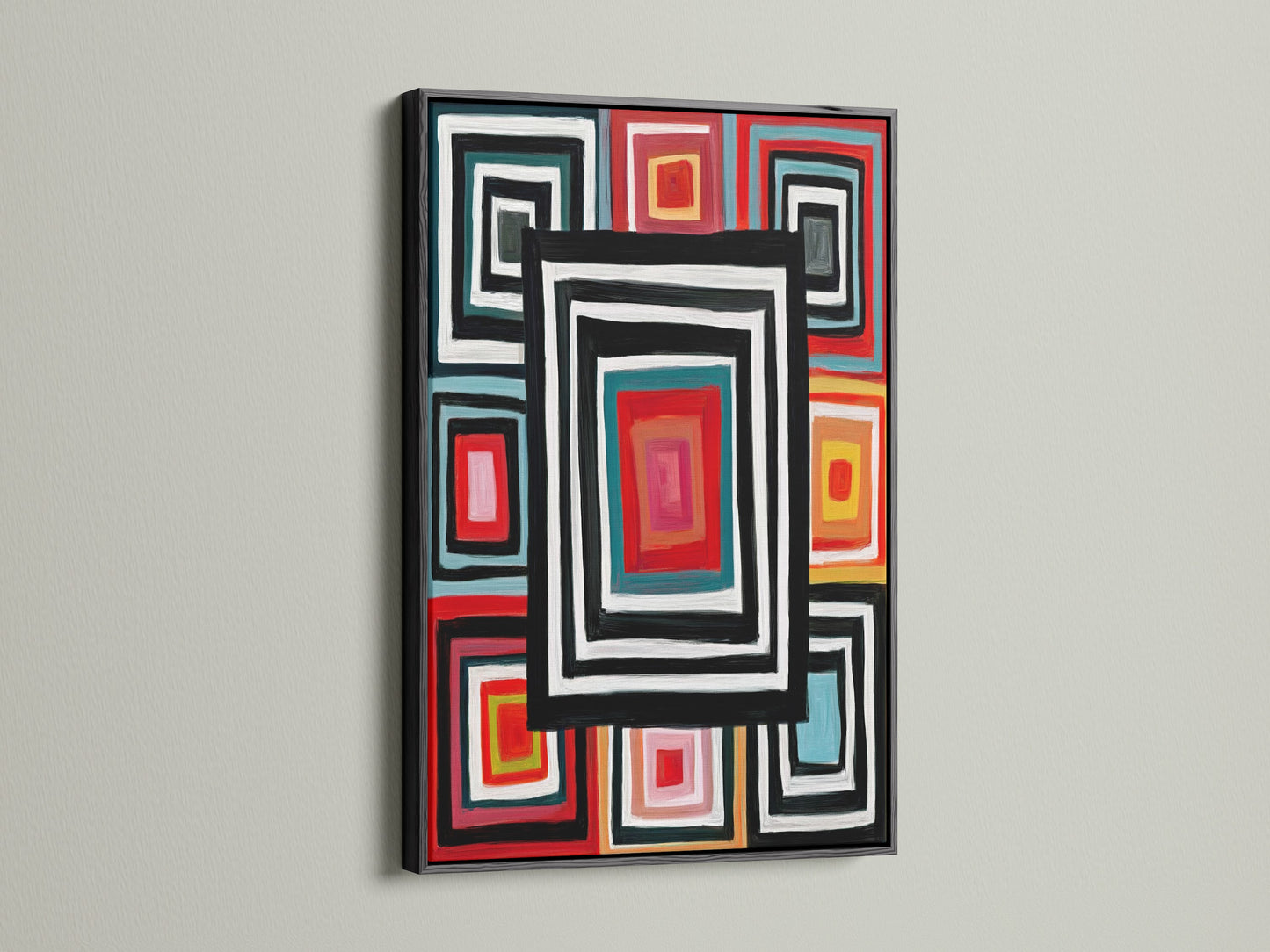 Geometric Squares canvas print with a black frame. This modern artwork adds a bold touch to your home decor. The colorful artwork and abstract canvas create a retro vibe. This piece is perfect for any wall. The square pattern art is a must-have.