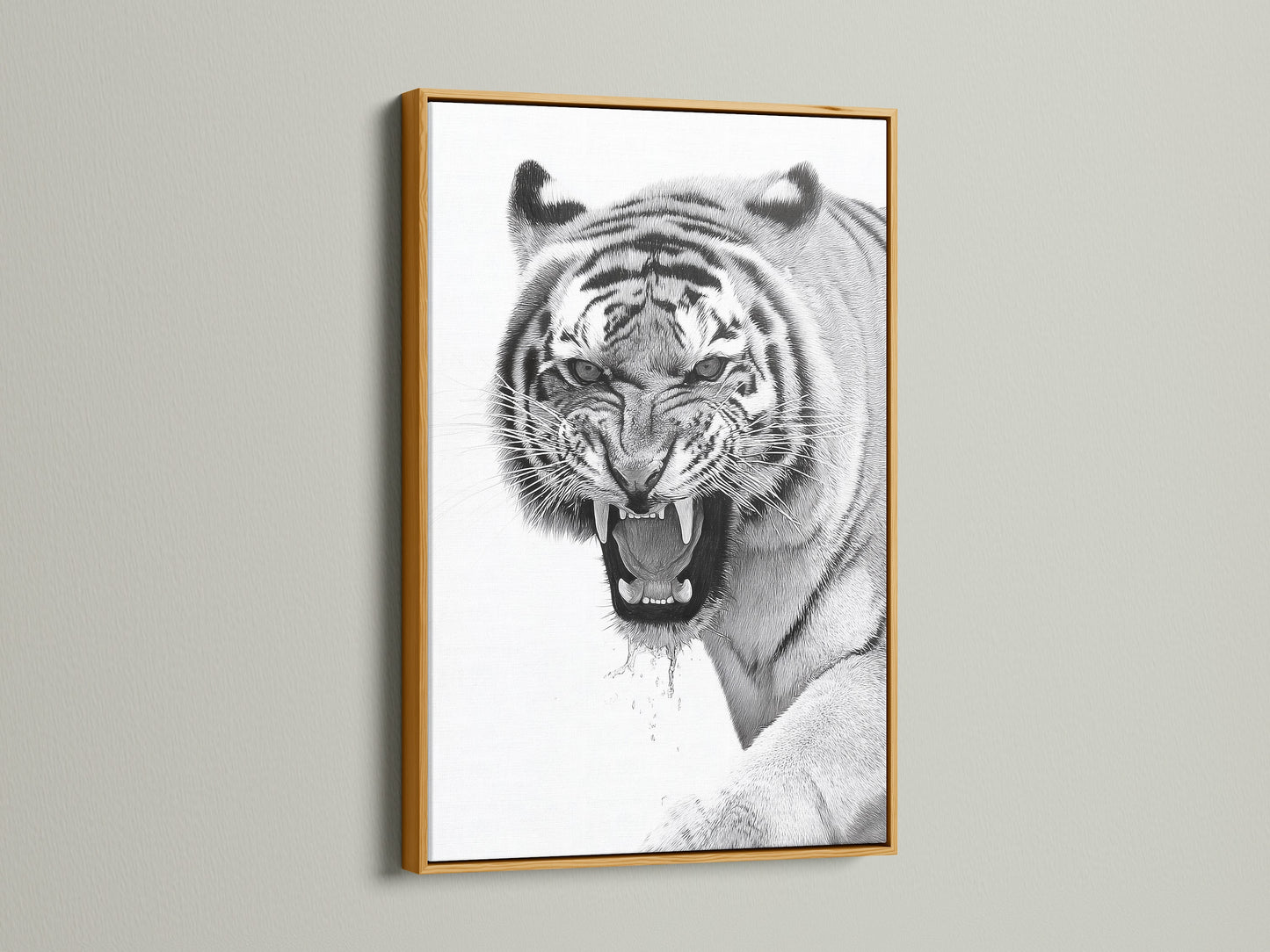 The tiger artwork is presented in a luxurious gold frame. The gold frame adds a touch of opulence to the art piece. It creates a focal point that is eye catching and elegant. This artwork elevates your home decor. It brings warmth and sophistication to your space.