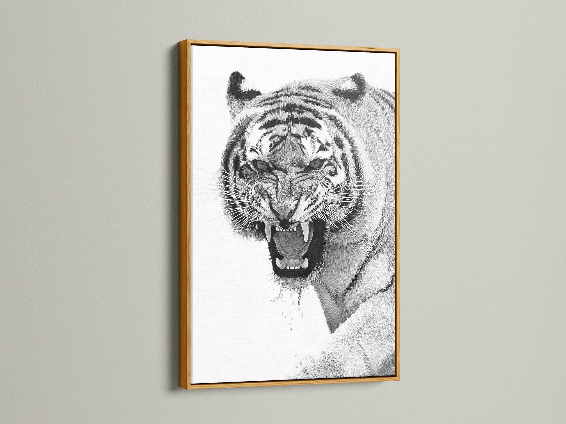 The tiger artwork is presented in a luxurious gold frame. The gold frame adds a touch of opulence to the art piece. It creates a focal point that is eye catching and elegant. This artwork elevates your home decor. It brings warmth and sophistication to your space.