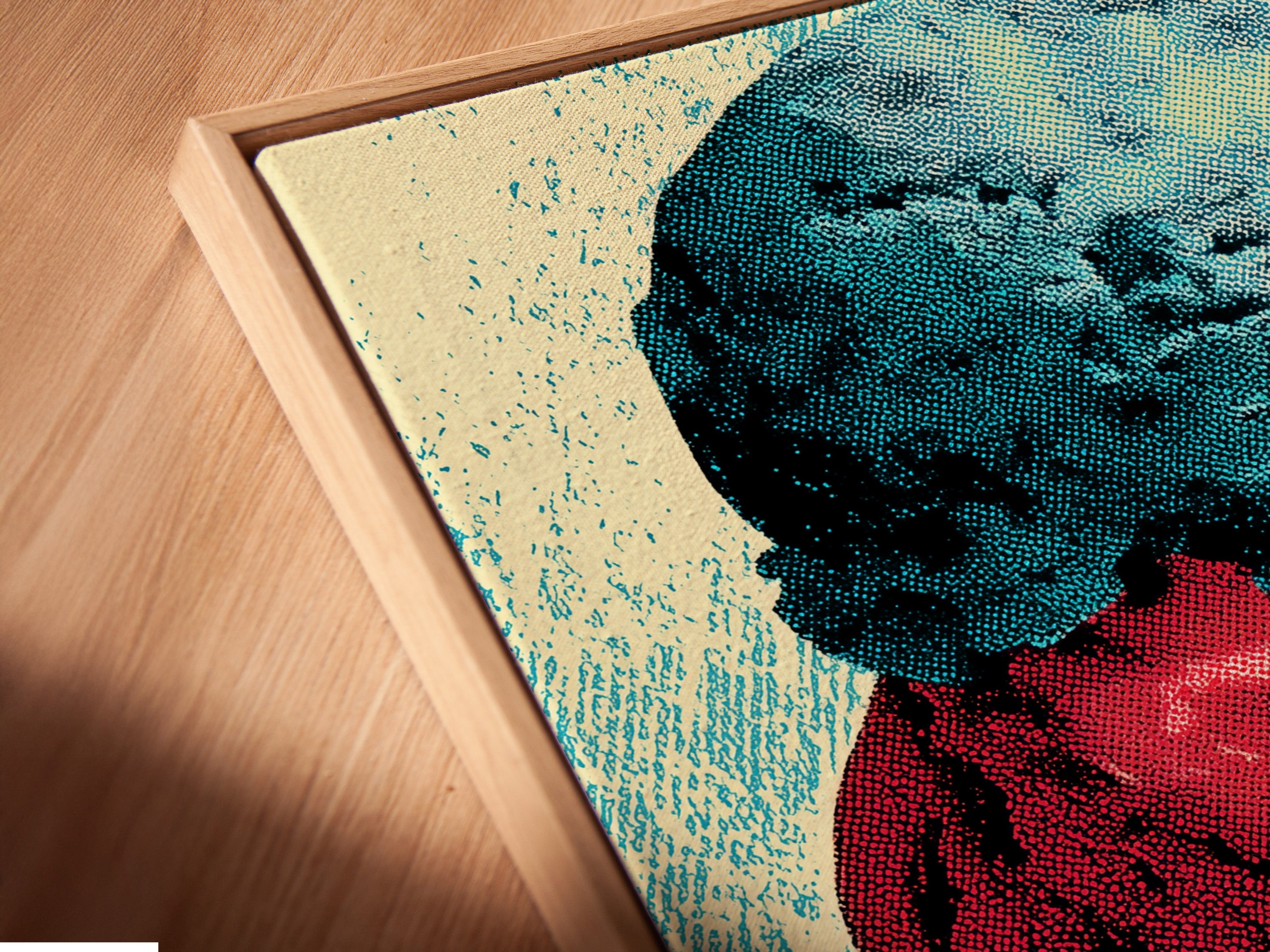 Angled view of a canvas print in a floating frame. The artwork is an ice cream. The floating frame creates a stunning visual effect. It adds depth and dimension to the artwork. A modern way to display your favorite pieces.