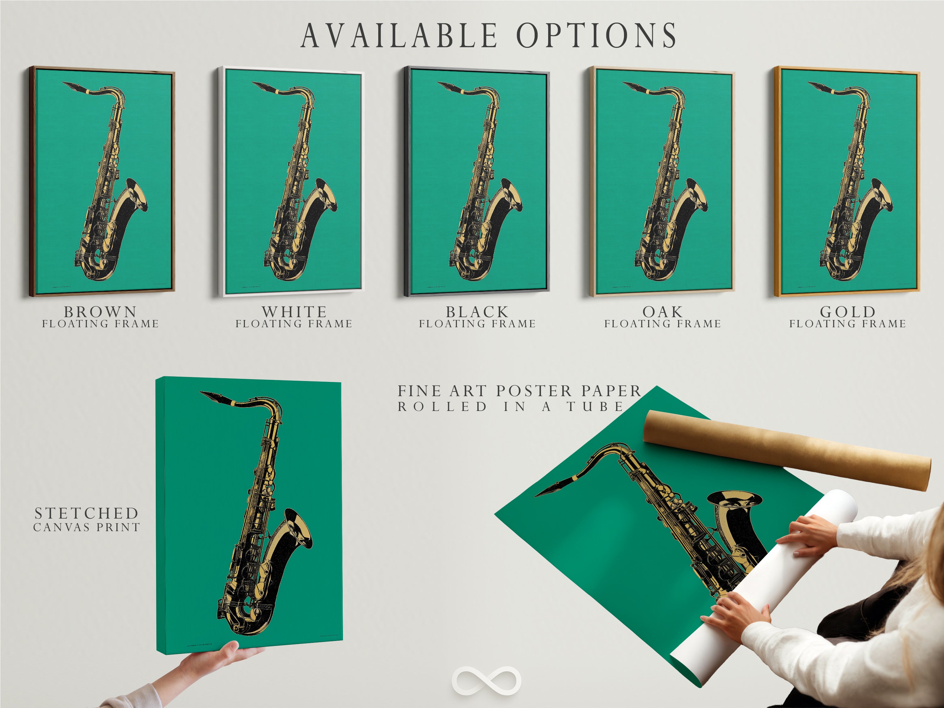 Explore available options for saxophone artwork. Choose from stretched canvas prints fine art poster paper and floating frames. The teal green and gold jazz instrument art suits any decor. Find the perfect music room decor or office wall art. A great music lover gift.