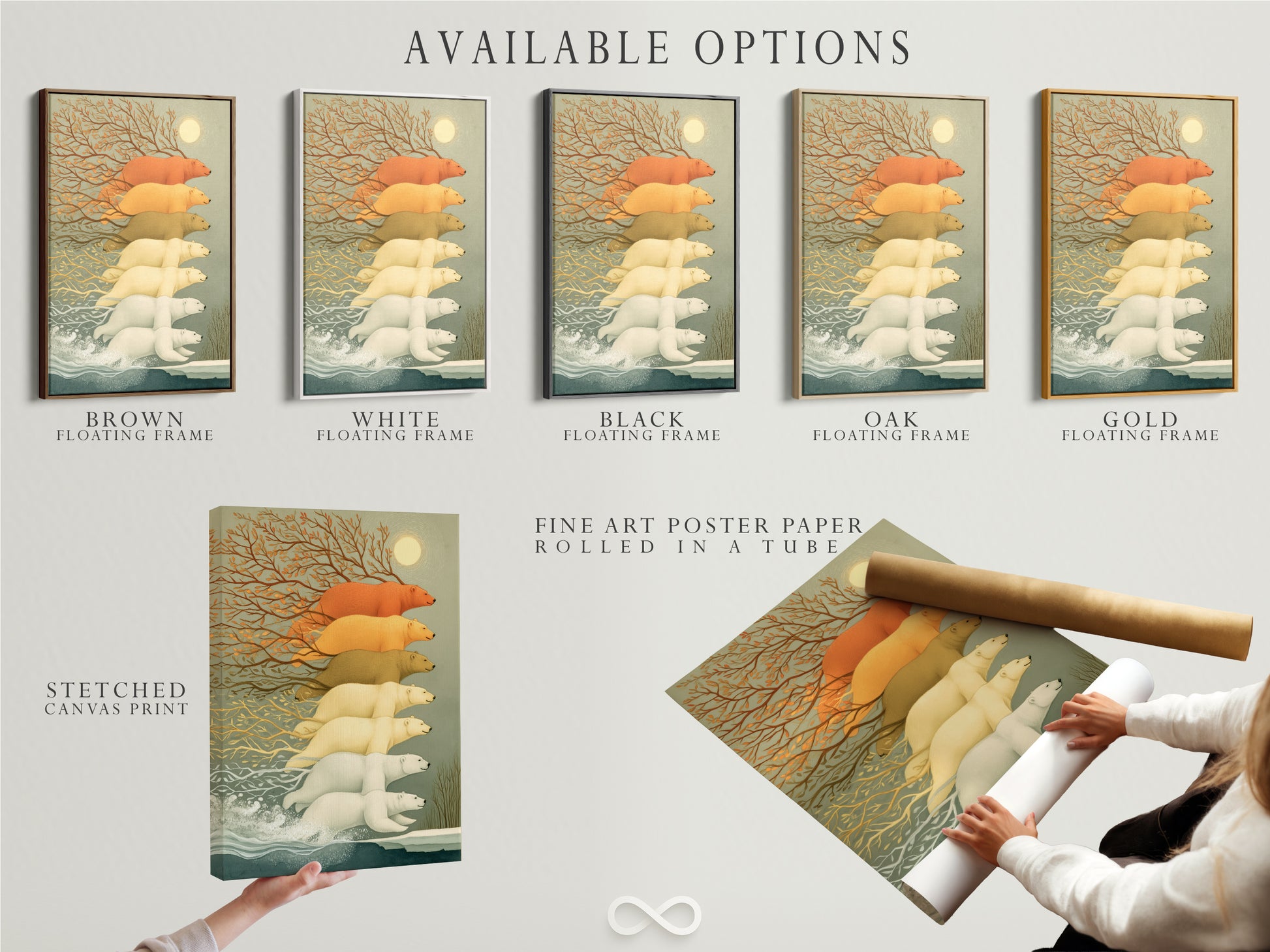 Available options for the polar bear artwork include a stretched canvas print fine art poster paper and floating frame. This arctic wildlife canvas is perfect for a nursery or study room. The beige and gray tones complement contemporary styles. Great wall decor for childcare providers.