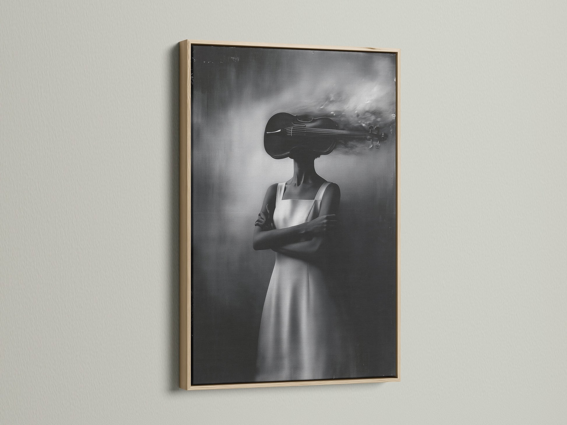 A striking surreal woman artwork is showcased in an oak frame. This black and white photography canvas adds modern style. Perfect as dreamy wall art for bedroom decor. Explore this fine art print now