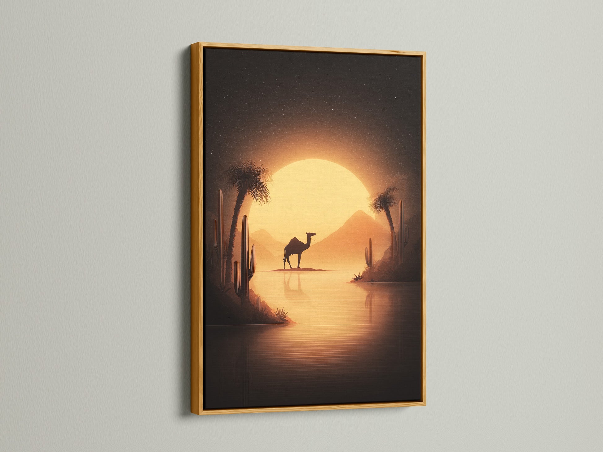 Gold frame featuring desert camel artwork. This nature canvas art embodies bohemian and eclectic styles. The cactus desert art is a unique addition to your wall decor.