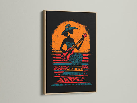 African Woman Guitar Player Art Print - Tribal Music Wall Art, Bohemian Decor, Orange Black Poster, Cultural Music Art