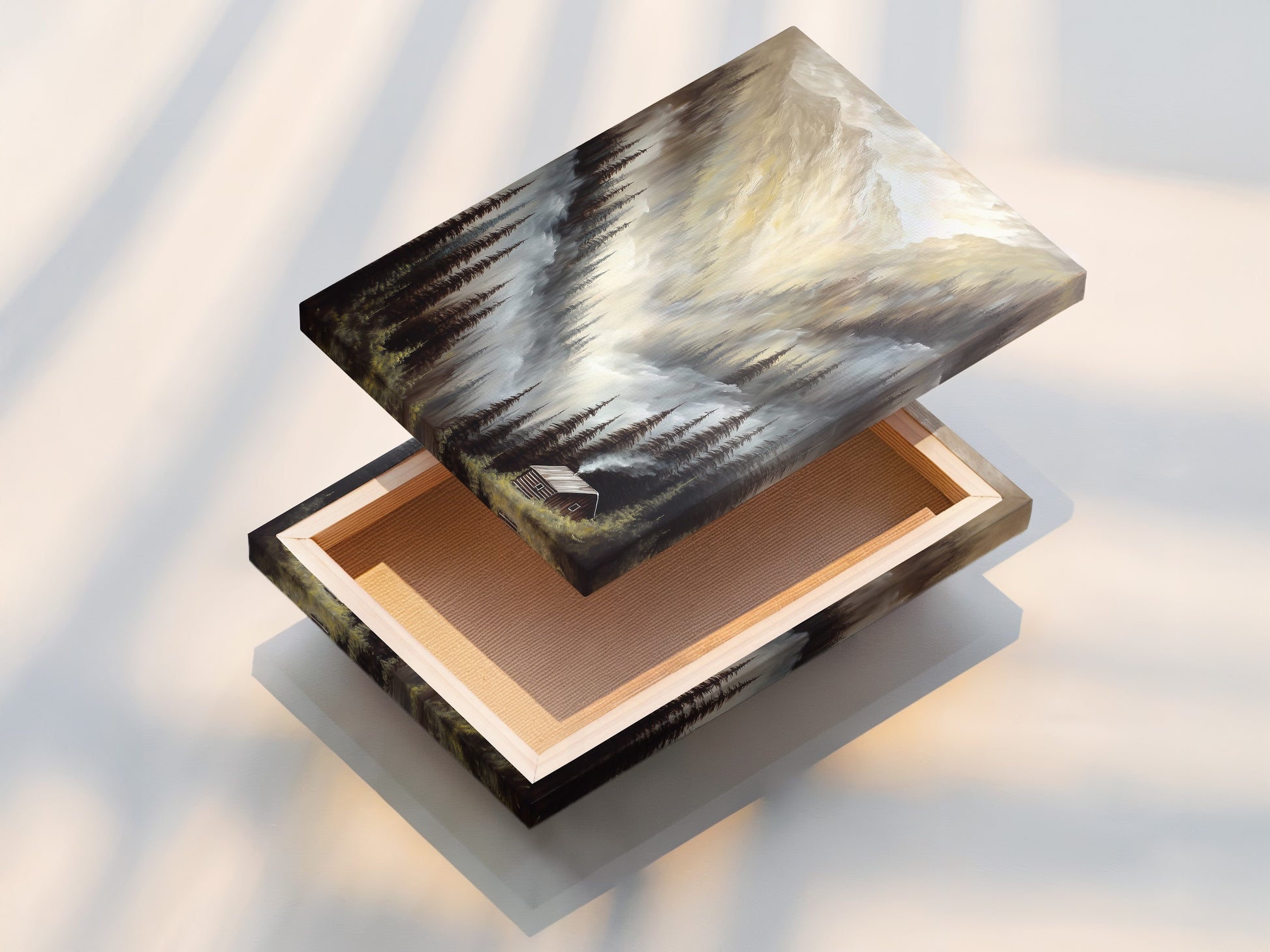 This is a stretched canvas print of the Mountain Cabin artwork. The canvas brings the scene to life. Perfect for creating a focal point. The stretched canvas print is ready to hang. Add this artwork to your home. It's a beautiful piece of wall art.