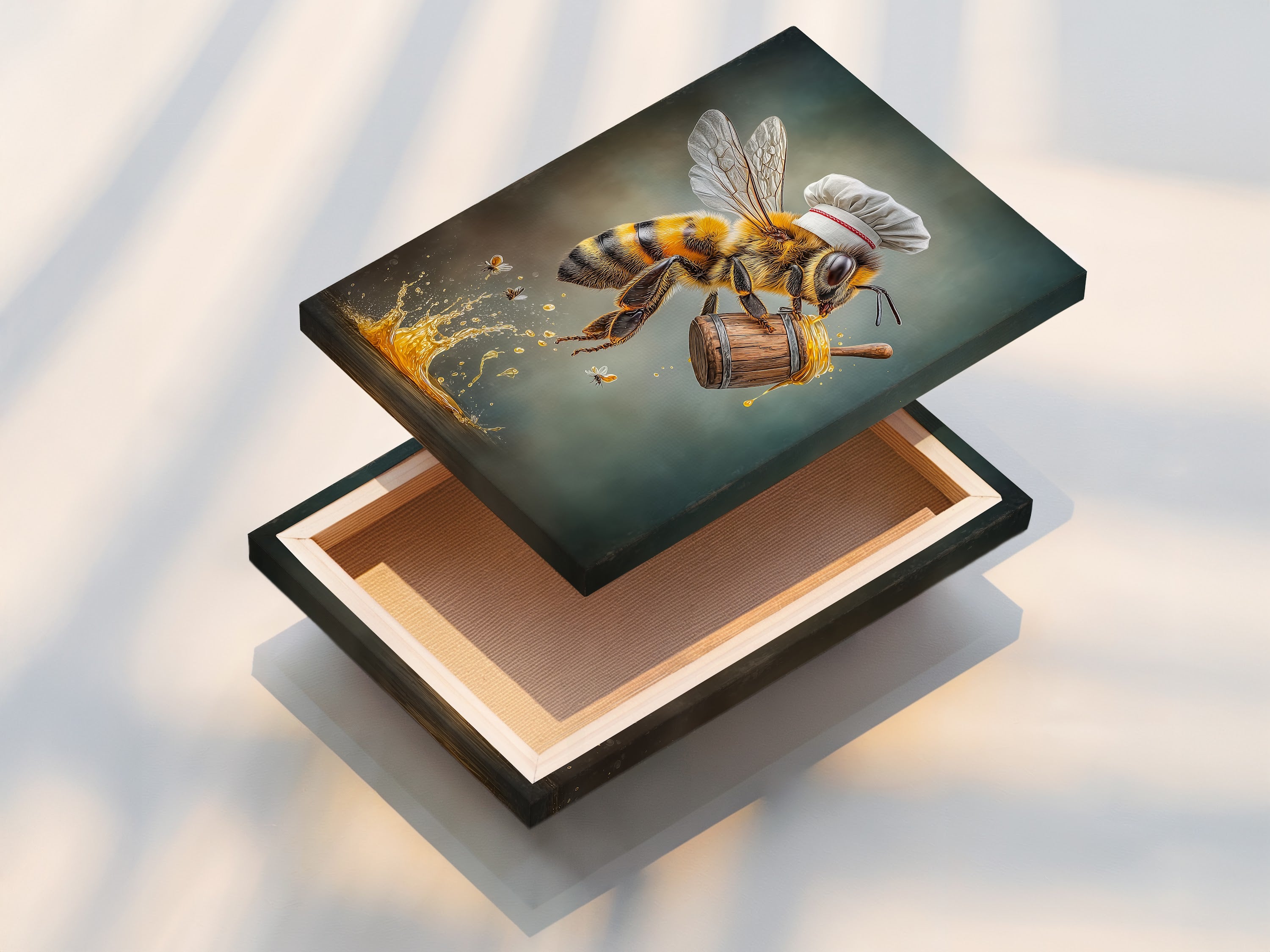 A stretched canvas print displays the Chef Bee artwork. This ready-to-hang piece adds charm to any room. Perfect for kitchens dining rooms or restaurants. Discover the beauty and convenience of our stretched canvas prints.