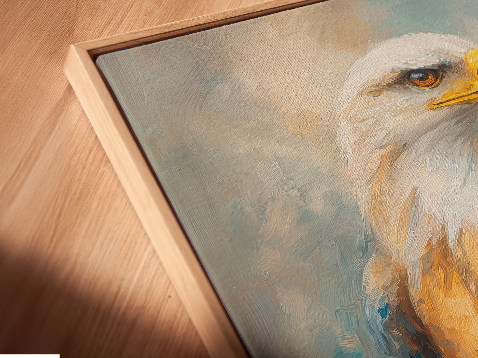 Close-up angled view of a canvas print in a floating frame. This majestic eagle artwork is perfect for home or office. The bird canvas print enhances any space. Ideal patriotic decor with wildlife art. Explore our raptor art and American eagle artwork. Nature wall art at its finest. Shop now and elevate your walls.