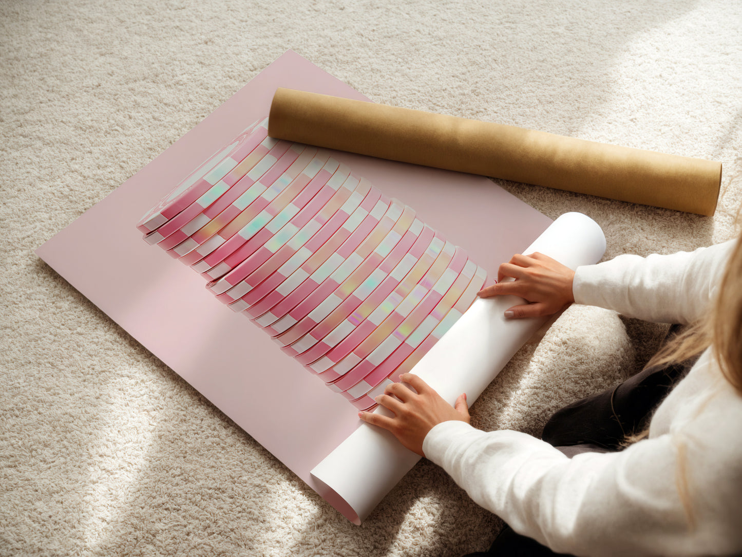 A woman is carefully rolling a fine art poster paper. The paper features abstract geometric artwork. Ideal for creating pink pastel wall art. Perfect for modern minimalist decor. A great option for contemporary art enthusiasts.