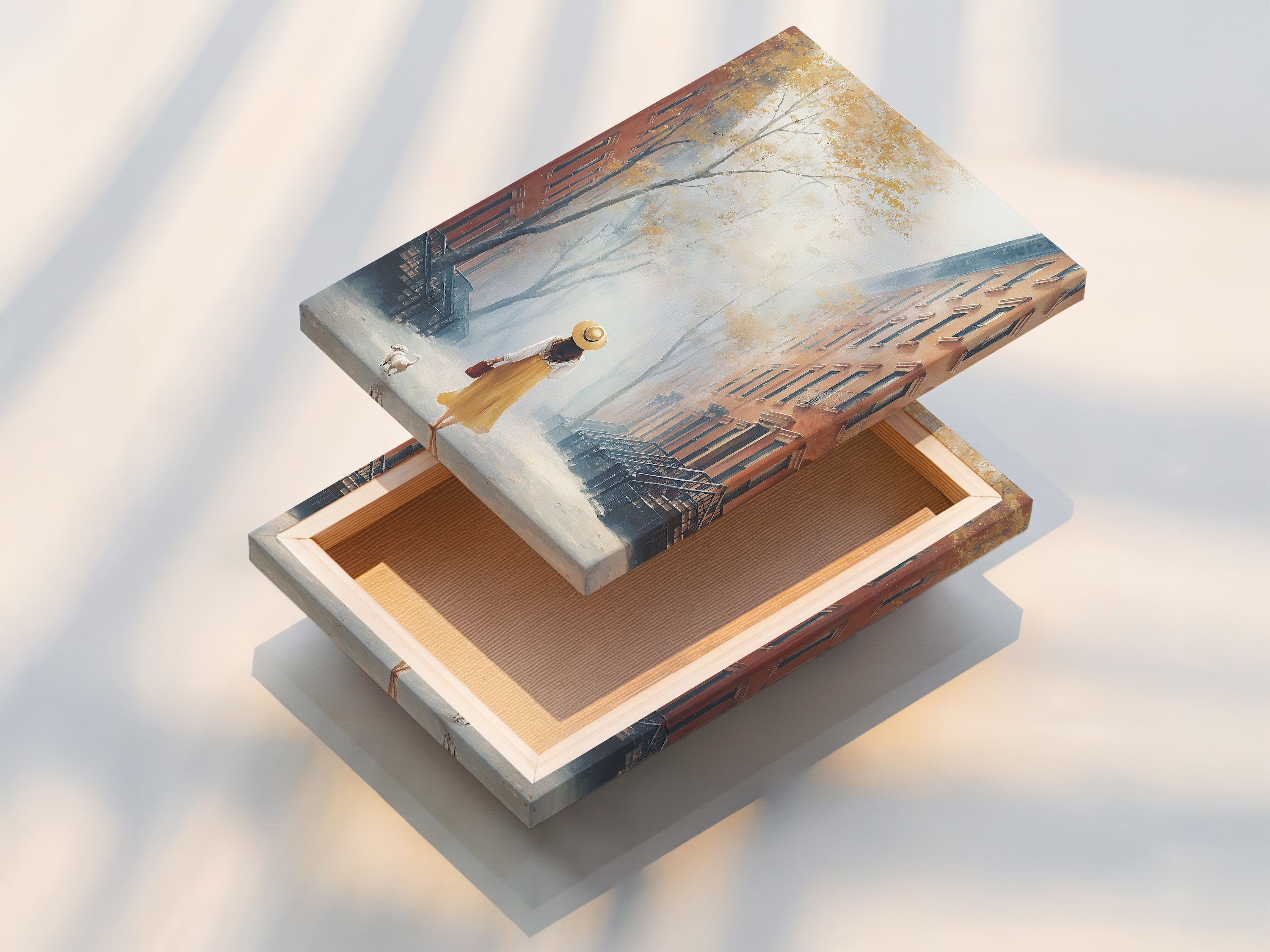 A stretched canvas print of a cityscape. The artwork features a girl and her dog. This urban autumn scene is ready to hang. Perfect for adding a touch of peaceful art to any room and enhancing wall decorations.