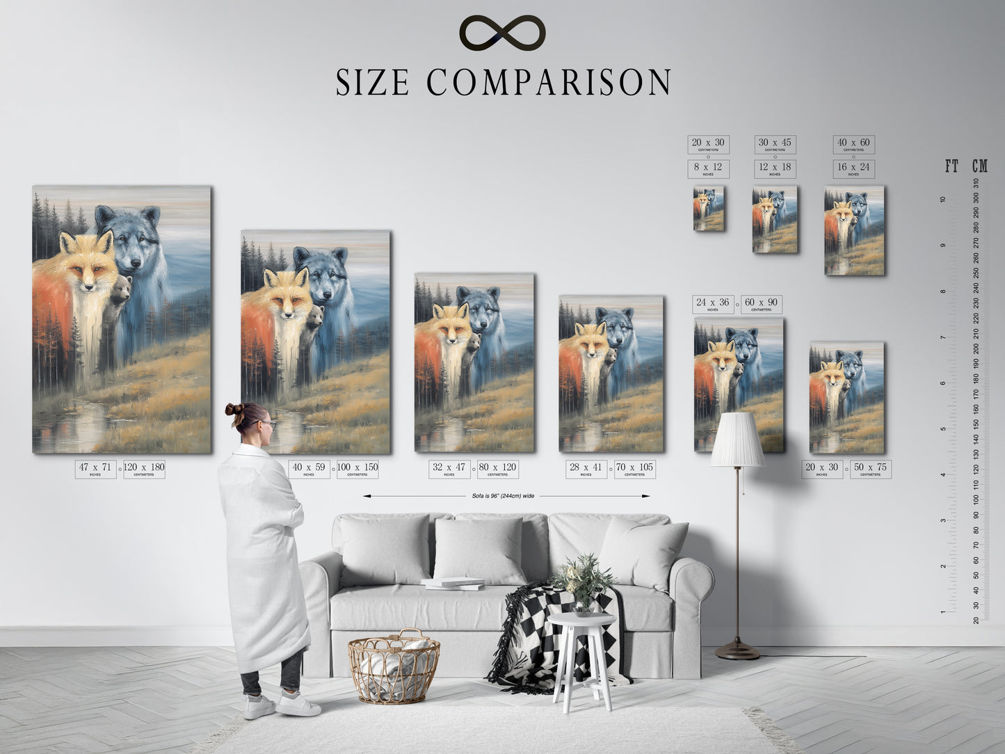 Size comparison chart in an interior setting displaying wildlife family artwork. See how our fox wolf and bear prints fit in your home. Perfect for living room bedroom or office.