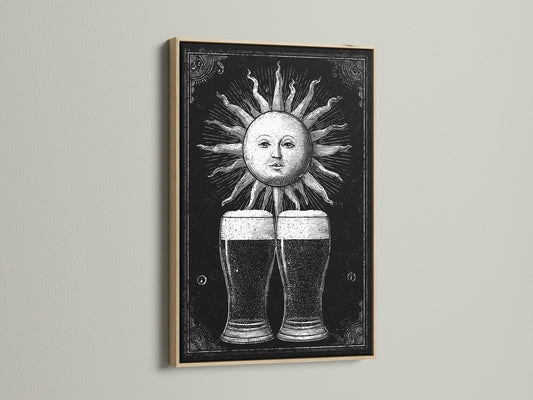This oak frame displays a vintage sun and beer artwork. The natural wood grain complements the black and white art. This framed art piece adds warmth to any interior. It is a stylish choice for living rooms or studies. The oak frame enhances the artwork's vintage charm.