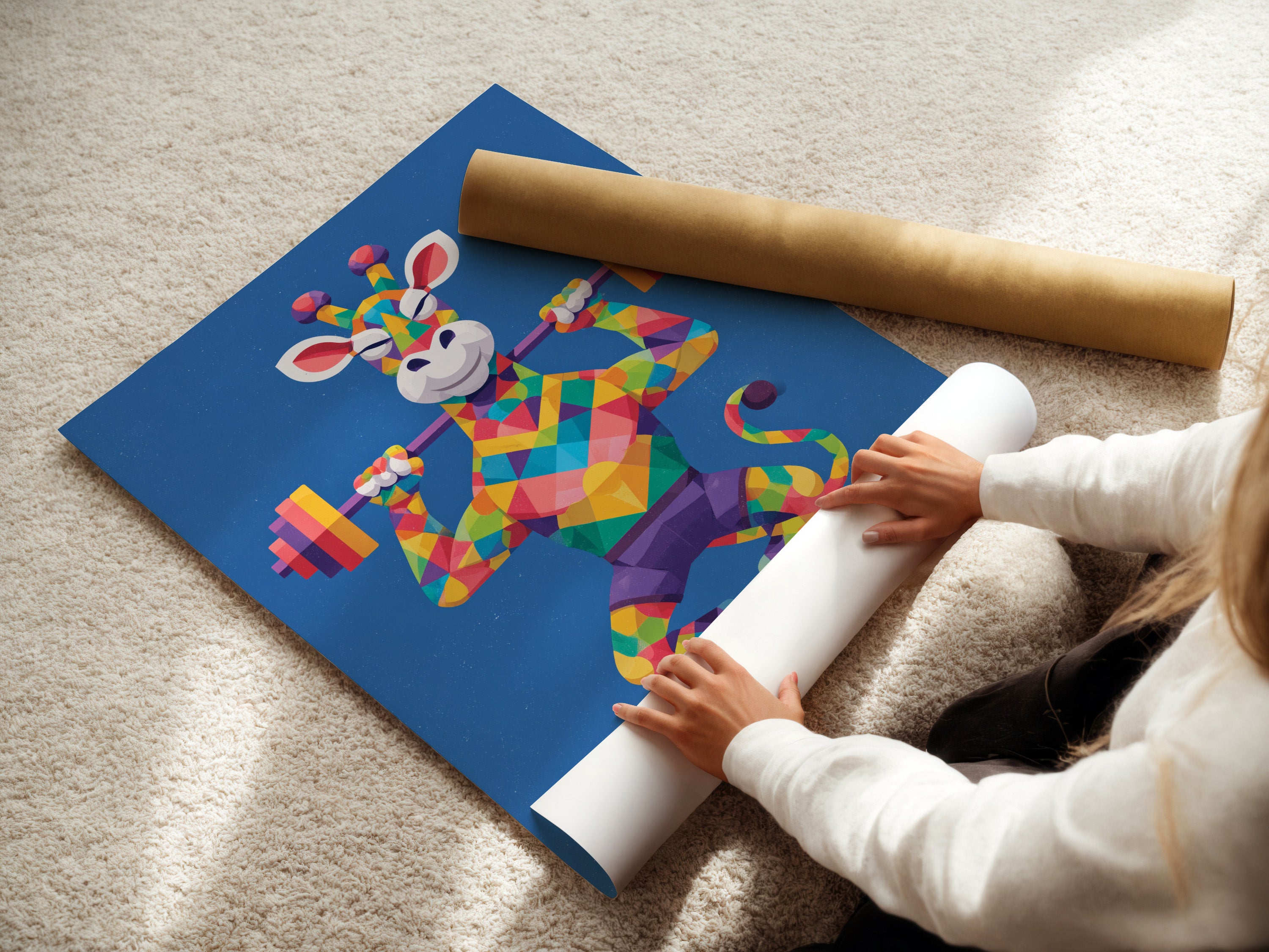 A woman is carefully rolling a fine art poster paper featuring the Geometric Giraffe. The artwork displays a colorful animal lifting weights. This print is perfect for fitness motivation. Add this fun art to your gym or workout space. The primary color is blue with rainbow accents.