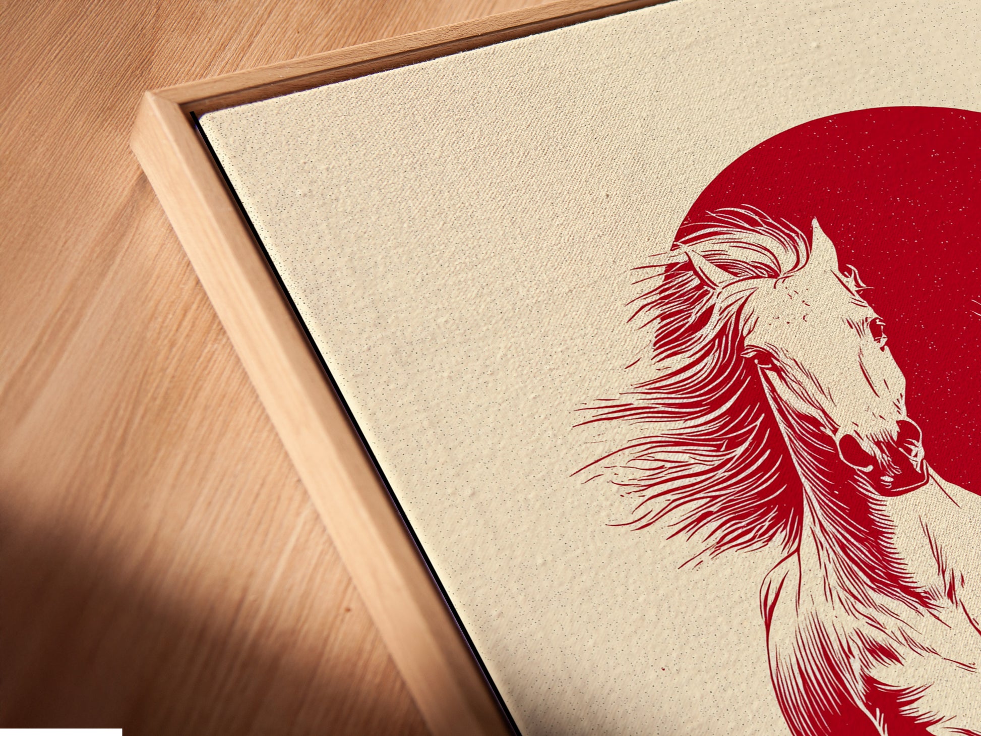 A close-up angled view of a canvas print in a floating frame. The floating frame gives the artwork a modern and sophisticated look. The canvas print showcases the artwork's details and textures.