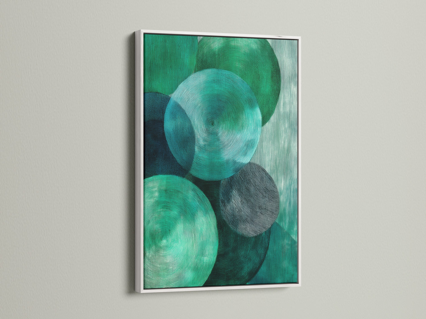 Abstract Geometric Canvas art in a white frame. The artwork features emerald green circles. This modern textured print is great for office wall decor. Perfect for homeowners renters interior designers and business owners seeking elevated modern art.