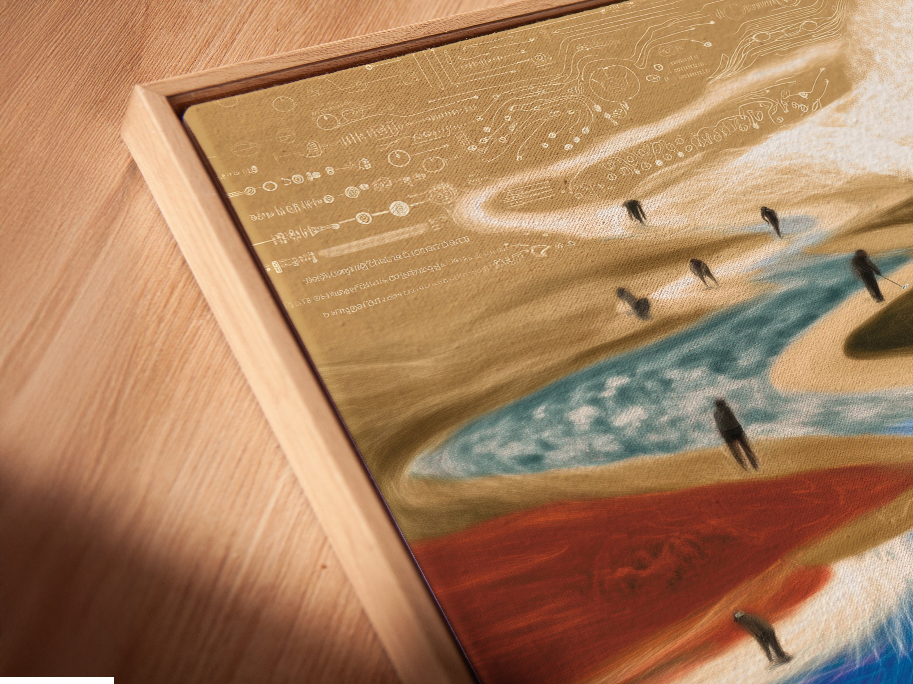Close-up of a canvas print in a floating frame. The surreal landscape artwork enhances any room. This abstract dreamscape wall art is ideal for modern decor. The contemporary flowing art is eye-catching.