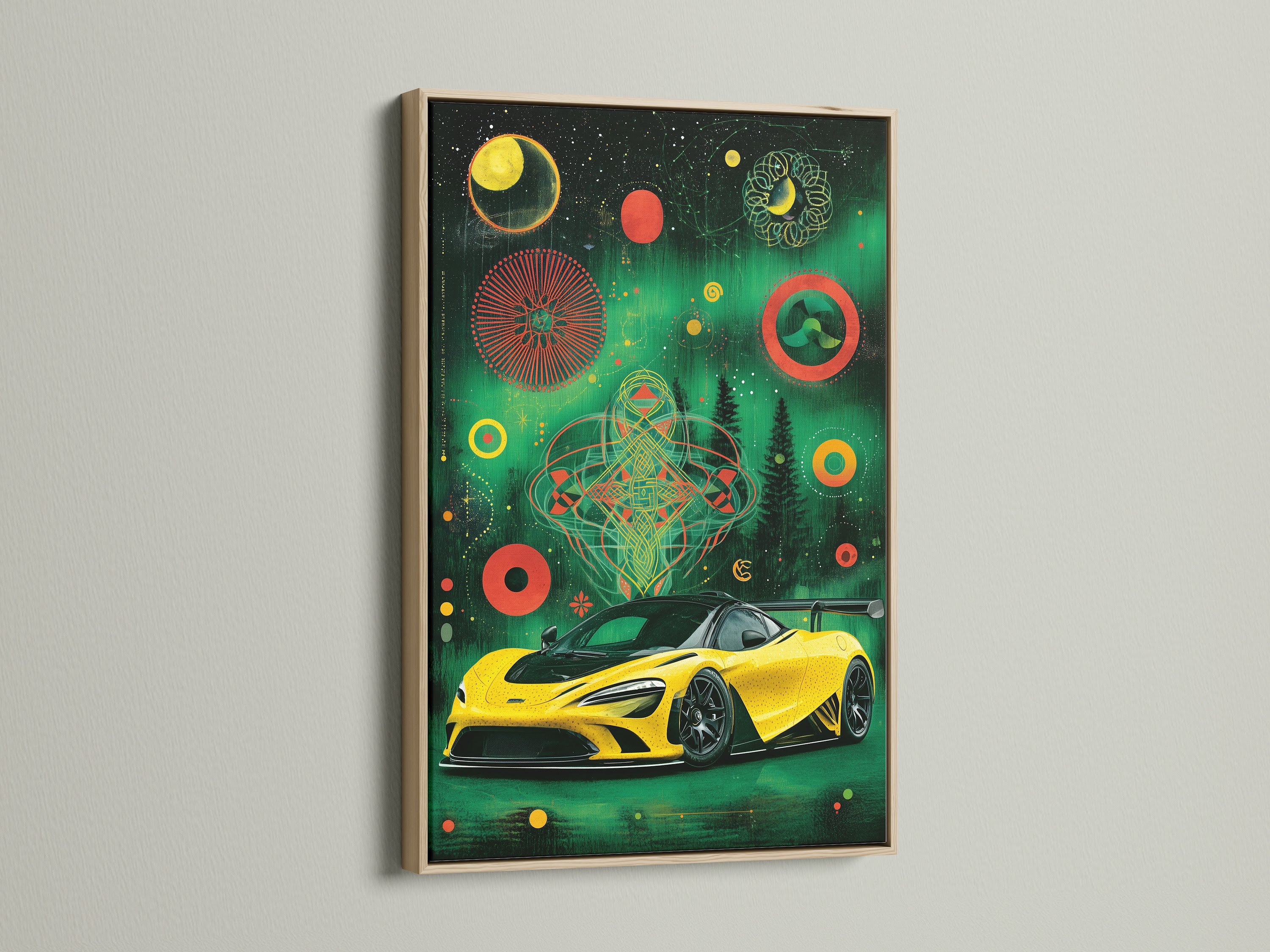 Check out this sports car canvas print in an oak frame. The natural wood enhances cosmic geometric wall art. A yellow supercar poster looks stunning. Perfect for garage decor or man cave art. This automotive artwork is a must-see.