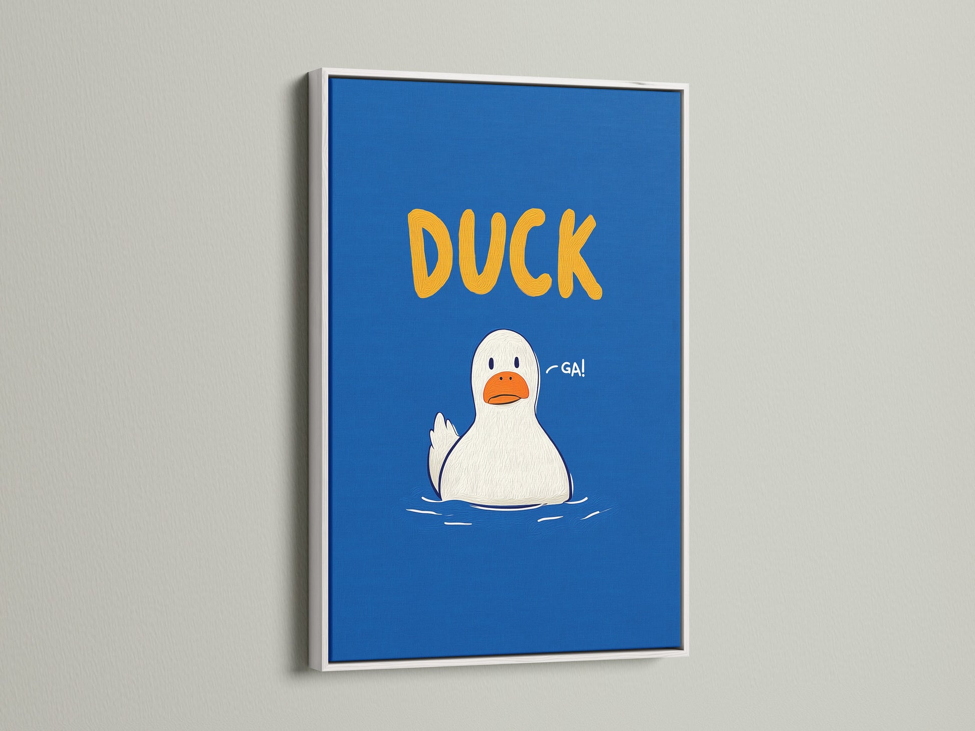 Duck Canvas Print with White Frame. This cute animal art is ideal for nursery wall decor. The blue and orange colors offer a contemporary style. Perfect for a kids room this funny duck artwork adds a playful touch. A great gift for parents.
