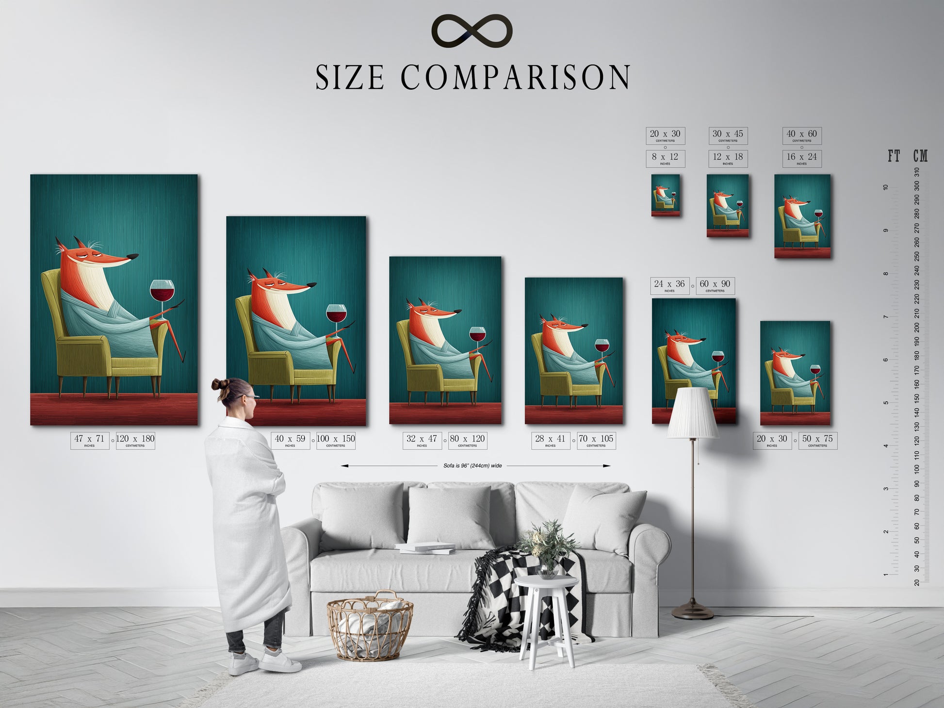 A size comparison chart is displayed in an interior setting. This helps you visualize fox art in various dimensions. Find the perfect fit for your space. Choose from fine art poster paper or stretched canvas print.
