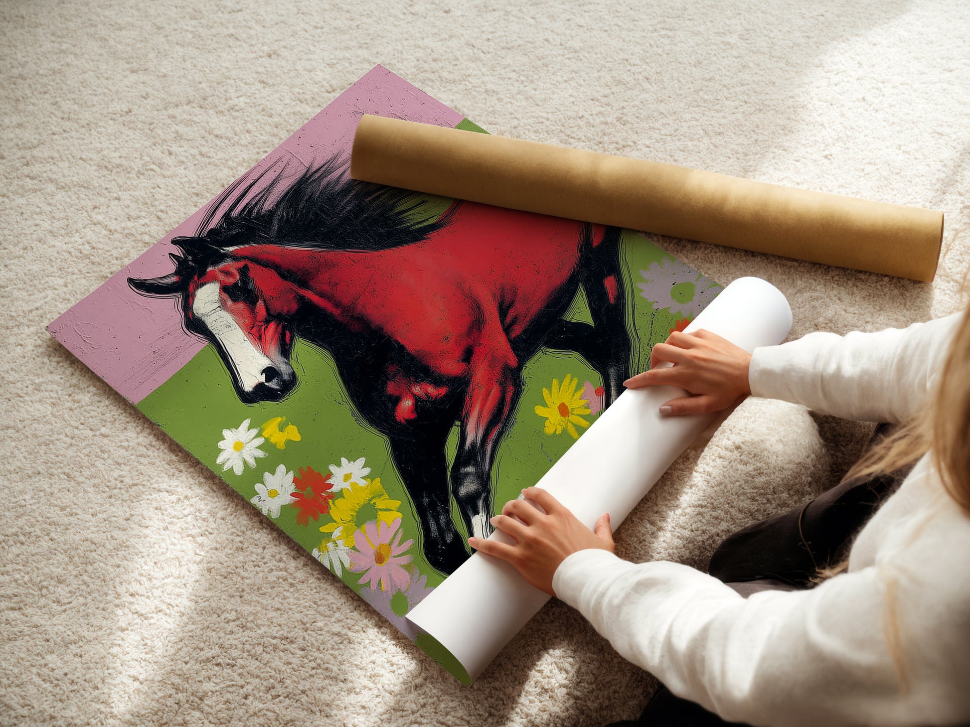 A woman is carefully rolling a fine art poster paper. The paper features a red bay horse artwork. The artwork depicts the horse galloping through a vibrant floral meadow. Fine art poster paper ensures high-quality prints. Perfect for art enthusiasts and collectors. Frame it for a beautiful display.