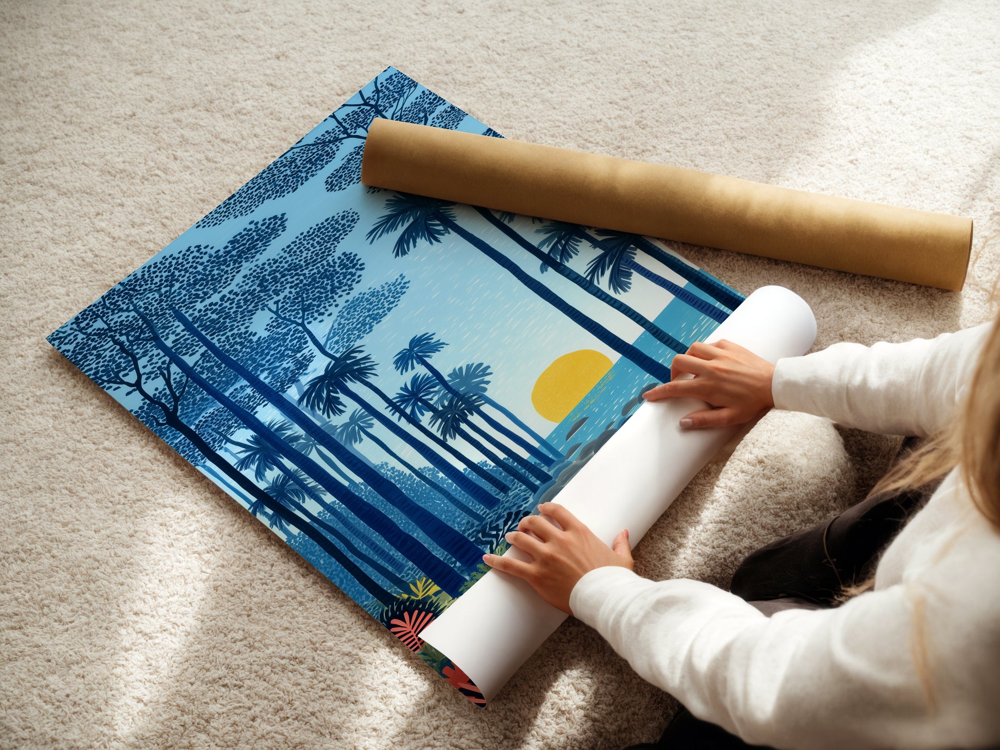 A woman carefully rolling a fine art poster paper. Preparing a tropical beach artwork for your home decor. This coastal seascape wall art features indigo blue and gold colors. Perfect for adding a touch of island art to your living room or bedroom. Ideal for homeowners and interior decorators.
