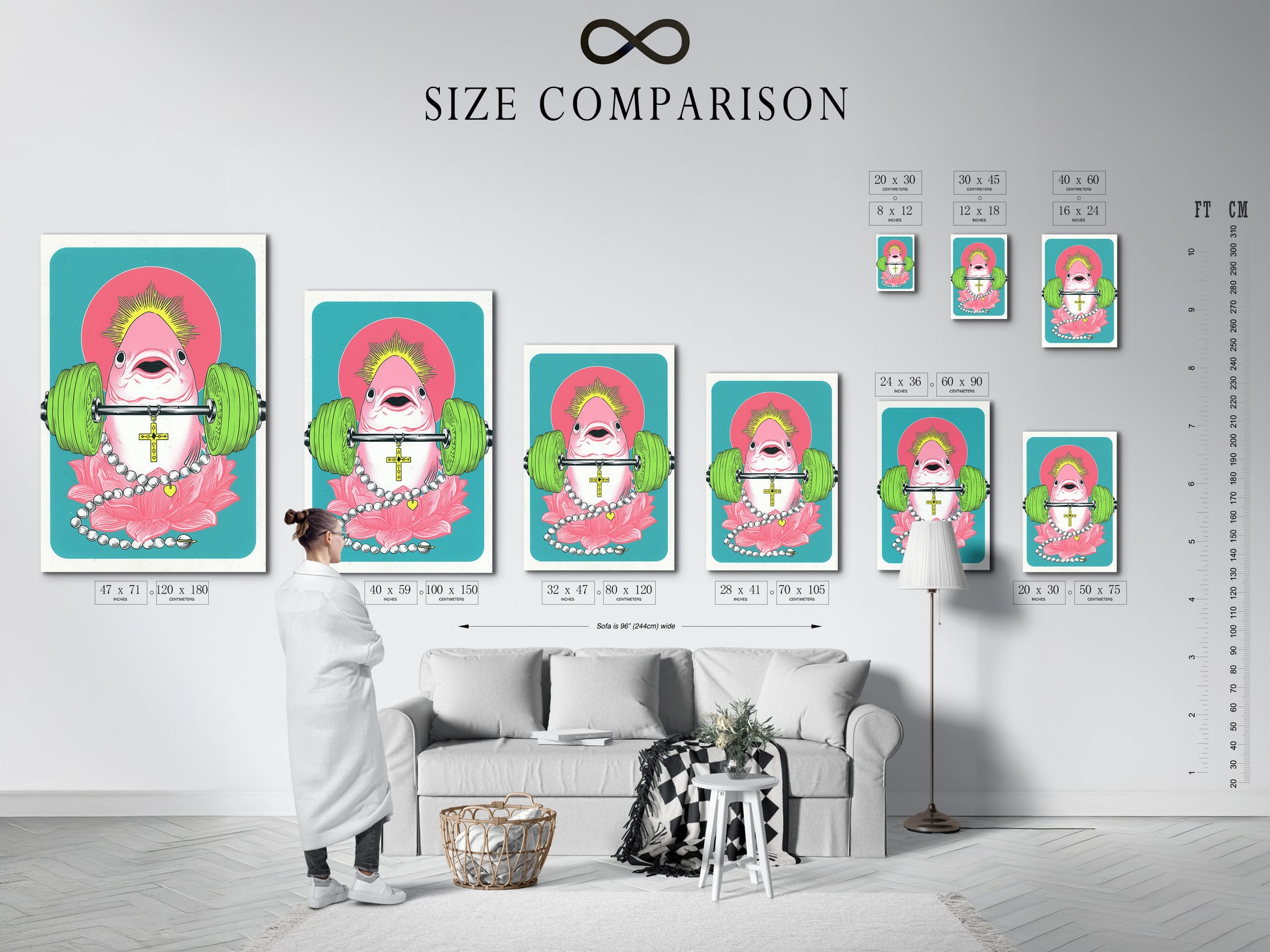 Size comparison chart in an interior setting featuring a surreal flamingo artwork. See how this canvas print fits in your home. The quirky gym wall art is perfect for fitness enthusiasts. The pink teal art is motivational.