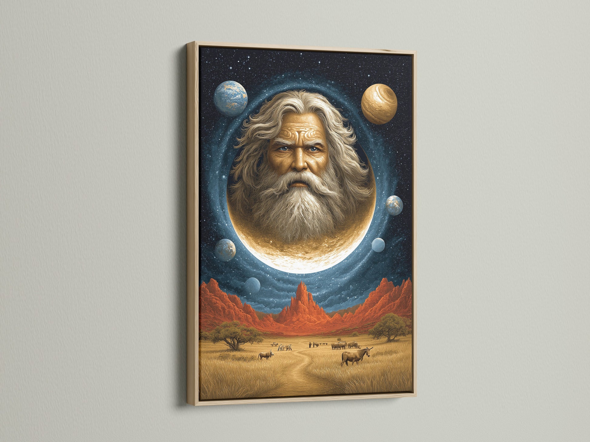 This surreal space canvas print features a celestial man on the moon. The artwork blends Southwestern style. Beige and blue hues complement any space. Shown here with an oak frame. It's perfect for adding cosmic wonder to Living Rooms Offices Meditation Rooms studios lobbies and wellness centers.