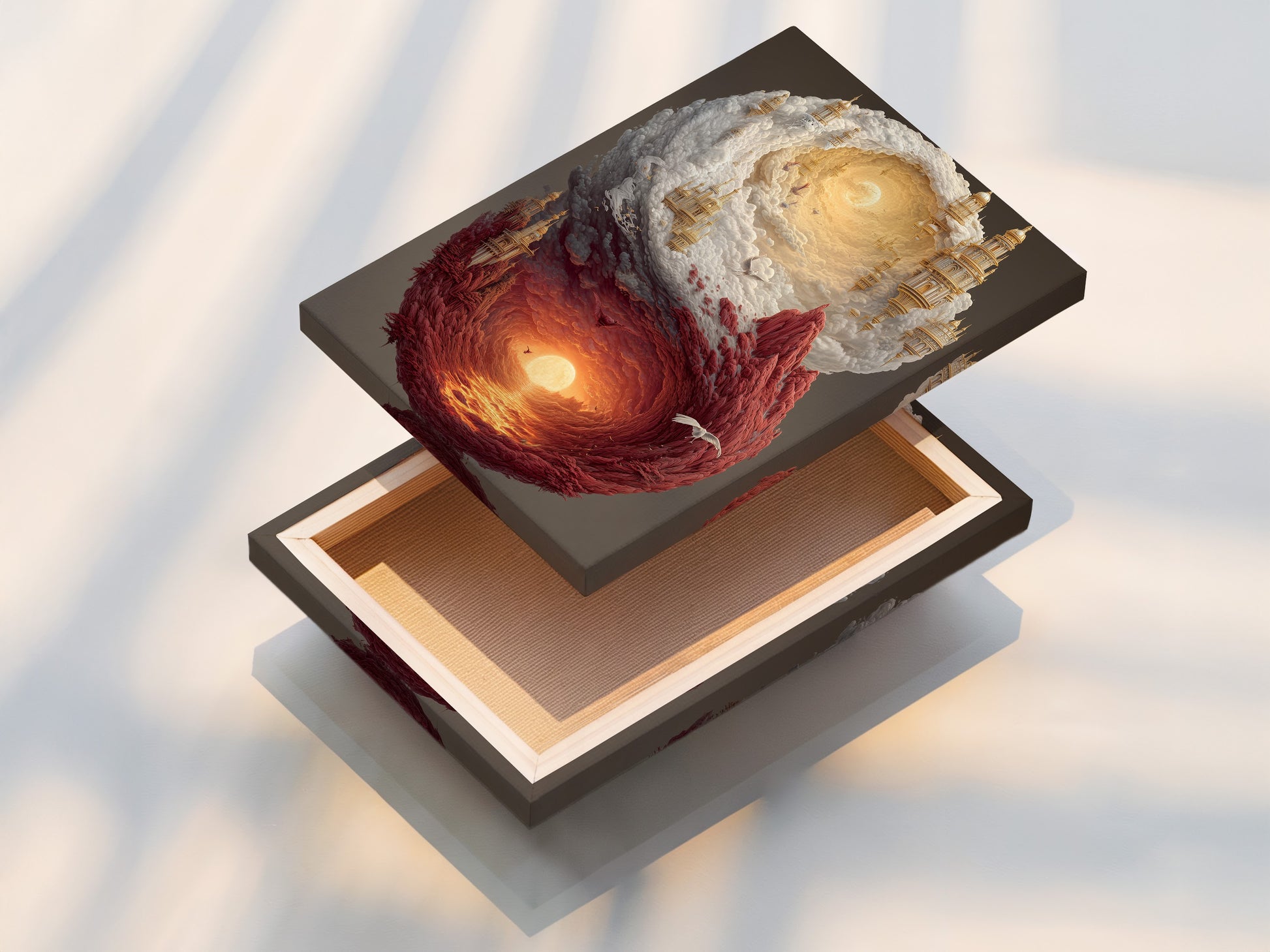 Close-up of a stretched canvas print. The artwork has great detail and texture. The canvas material enhances the artworkโs visual appeal. This stretching technique ensures a gallery-ready presentation. It is perfect for home or office display.