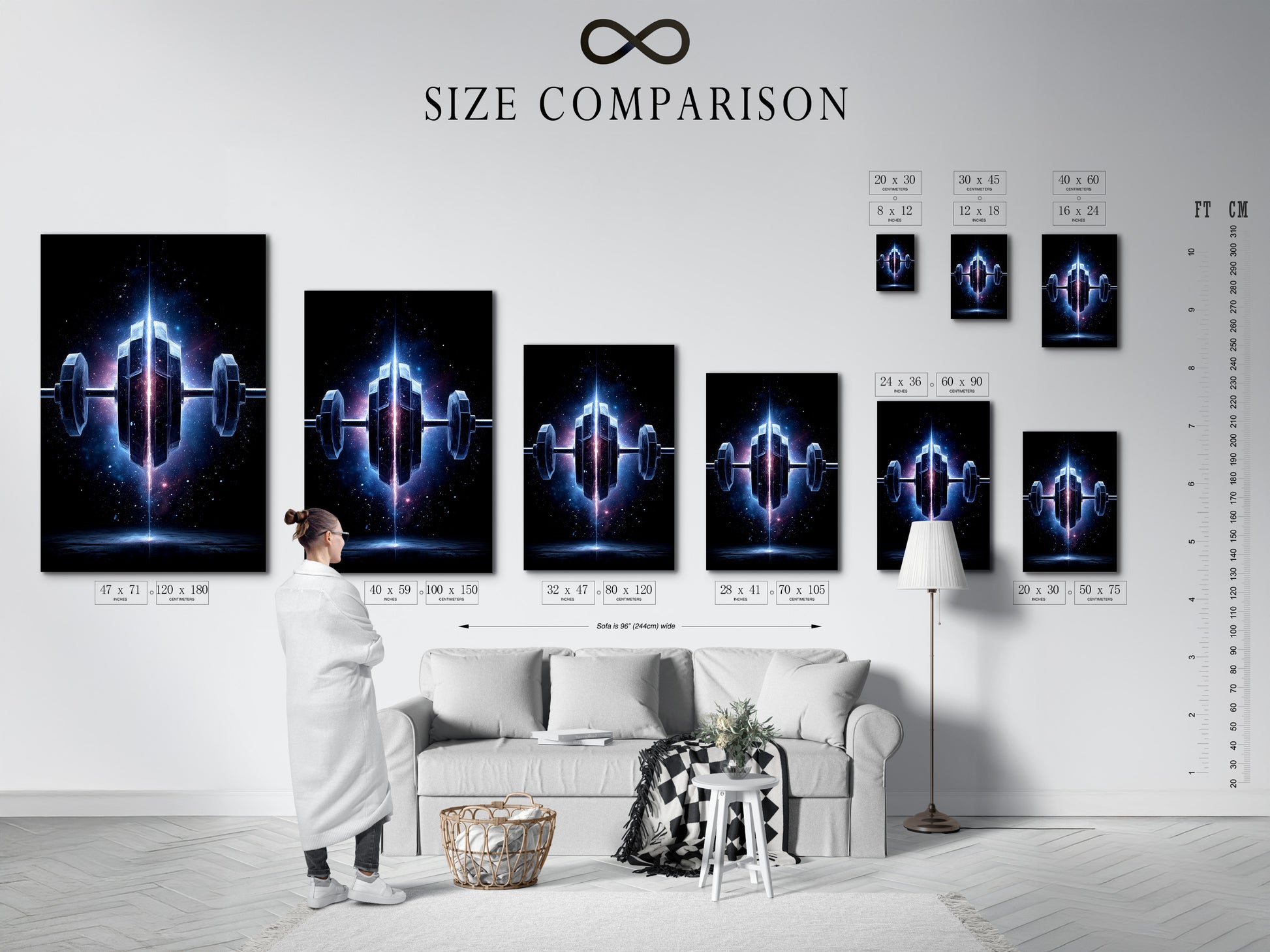 A size comparison chart in an interior setting. See the different sizes available for the Cosmic Dumbbell art. Find the perfect fit for your home gym wall art. Enhance your space with galaxy workout art.