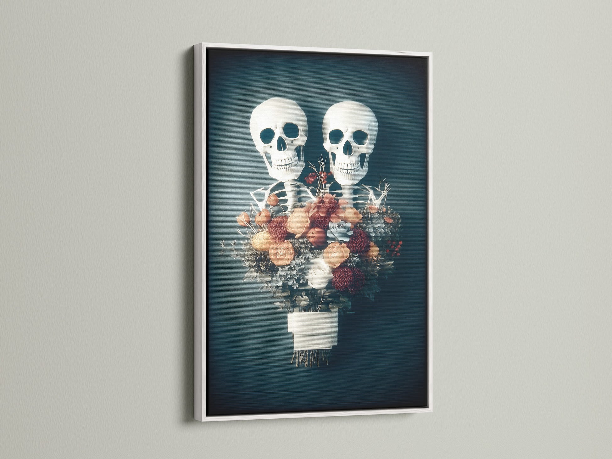 Floral skeleton artwork showcased in a white frame. The contrast of the white frame highlights the gothic macabre details. It creates a spooky yet elegant display. Perfect for Halloween. This artwork blends dark floral art with gothic decor. It makes a unique statement piece for any room.