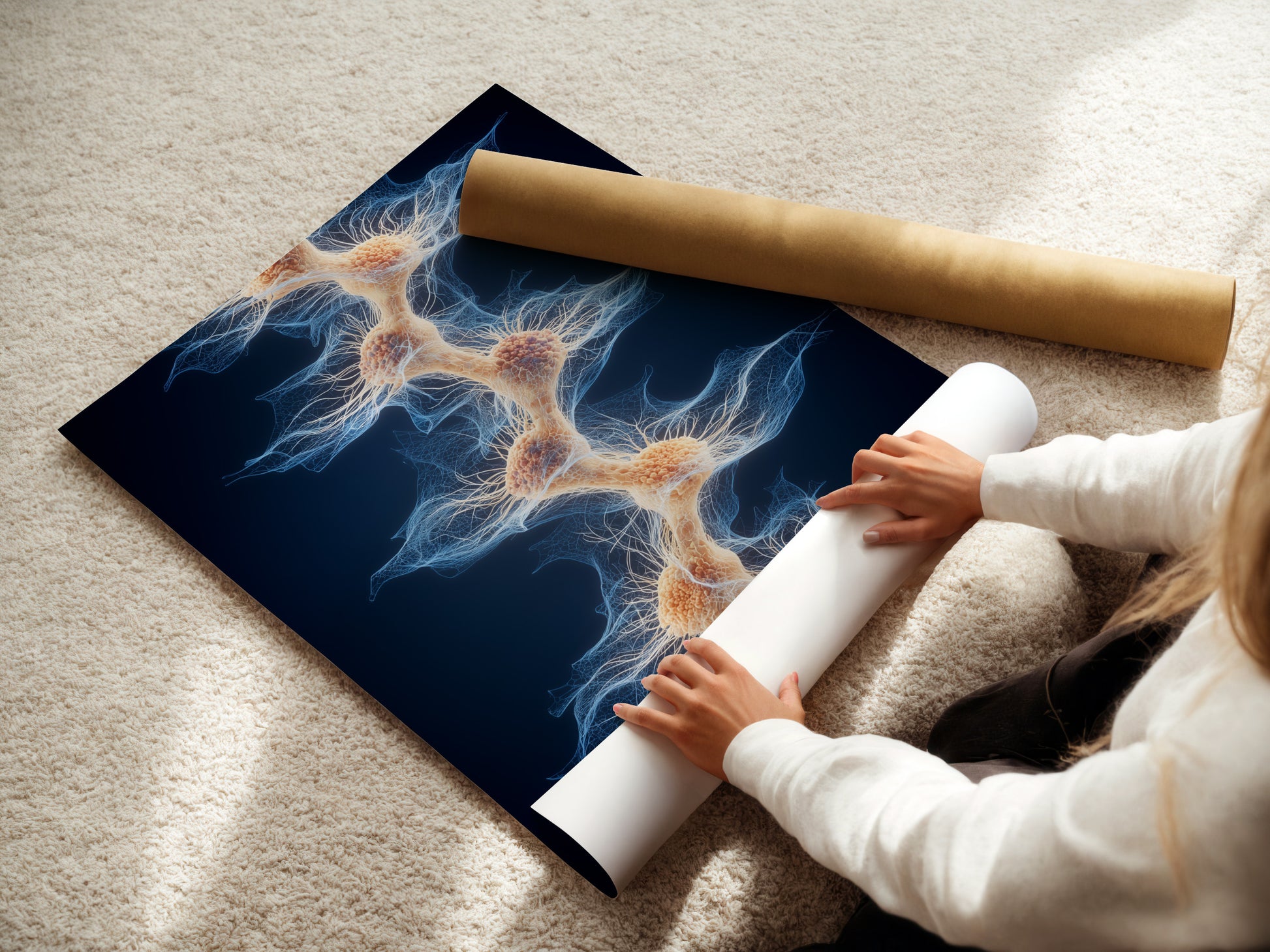 A woman is carefully rolling a fine art poster paper. The poster paper is high quality. She is preparing it for shipping. The poster paper is a great way to display artwork. Order your fine art poster paper today. Display your art.