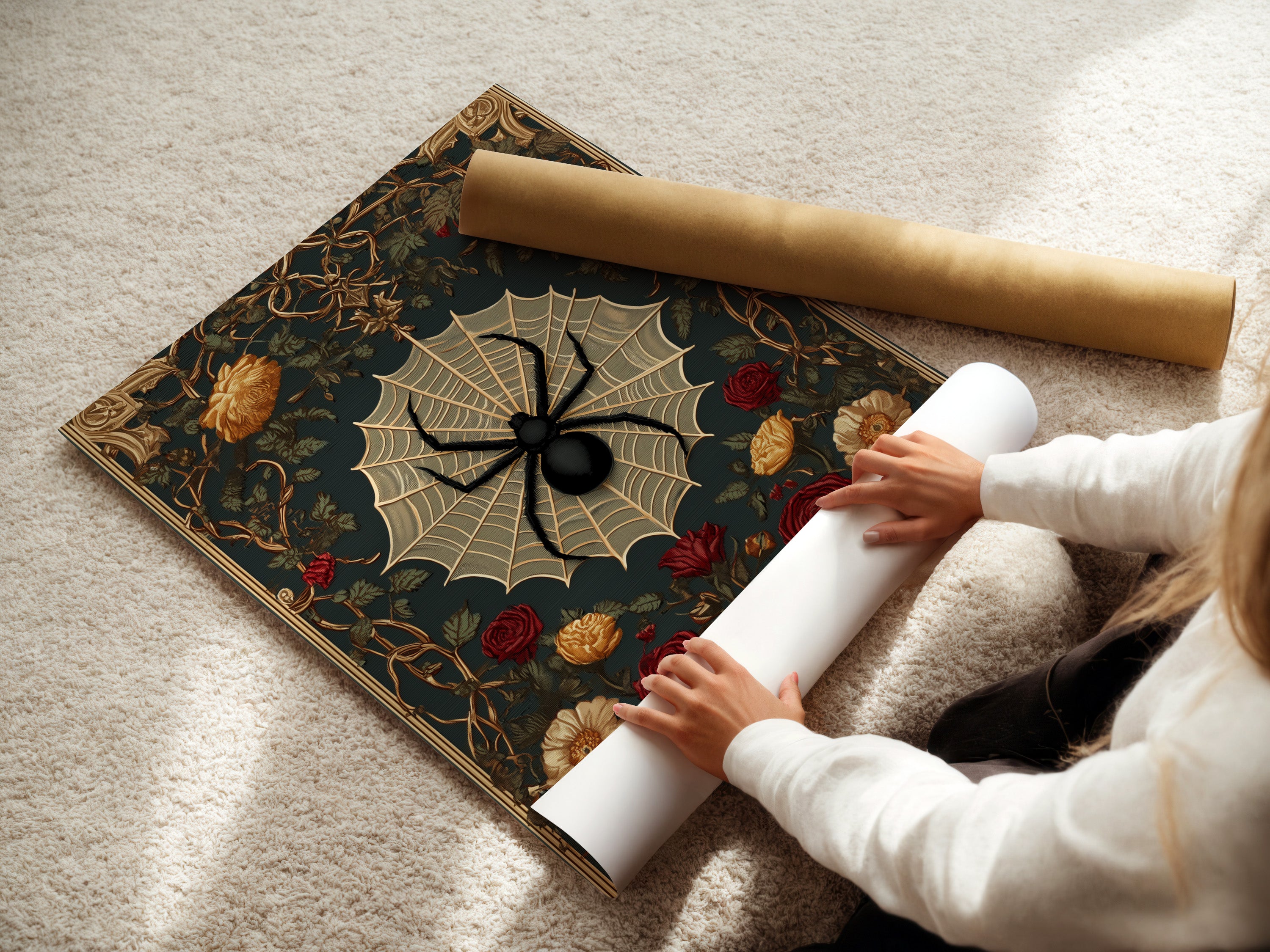 A woman carefully rolling a fine art poster paper. She ensures the artwork is in perfect condition. High-quality materials protect the artwork. The poster paper showcases vibrant colors. Perfect for preserving fine art pieces.