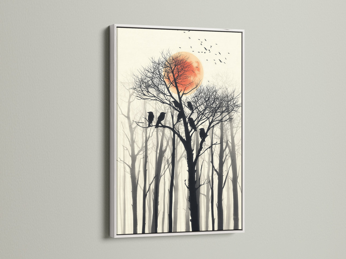 Birds on tree canvas print. This artwork features a red sun and a forest silhouette. The artwork is framed in a white frame. Great for living room art bedroom wall decor or office wall art.