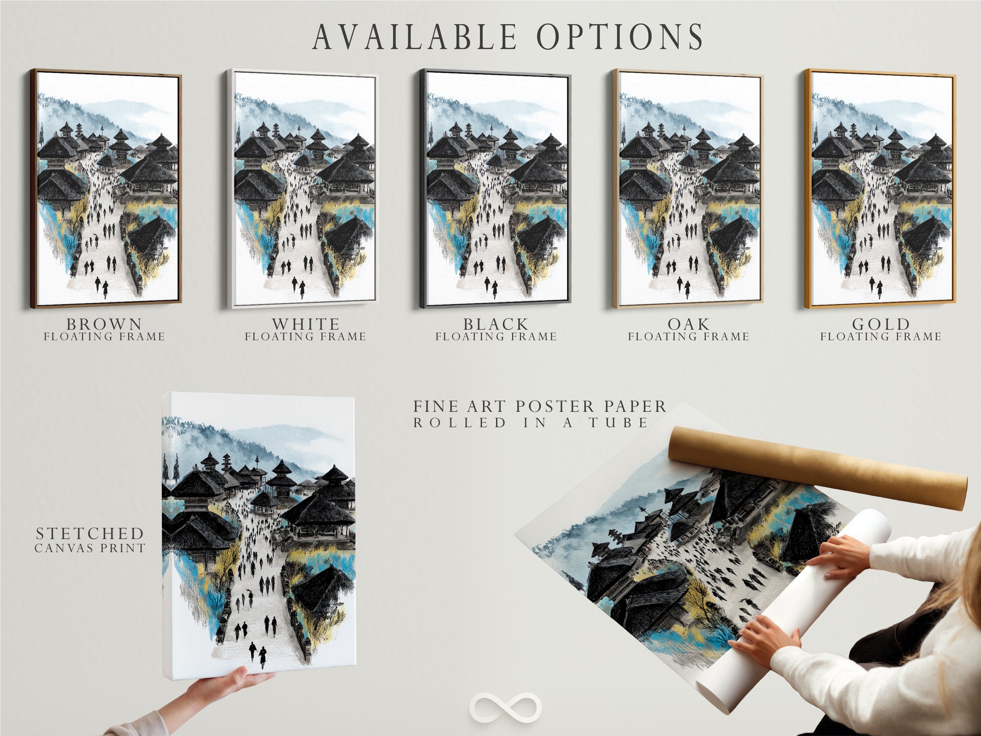 Explore available options for the Balinese Temple artwork. Choose from a stretched canvas print fine art poster paper or a floating frame. Customize your Asian architecture wall art to fit your style. Perfect for adding a touch of Southeast Asia to any space.