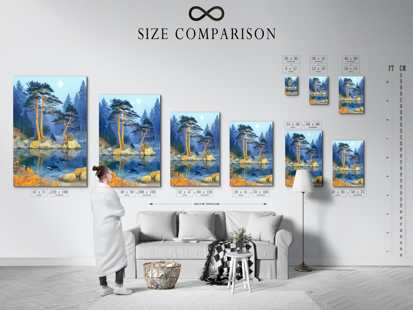 A size comparison chart displayed in an interior setting. The chart shows the various sizes available for the Orca Lake artwork. The artwork features orcas swimming in a misty lake with pine trees. See which size fits best for your space. Perfect for planning your home decor.