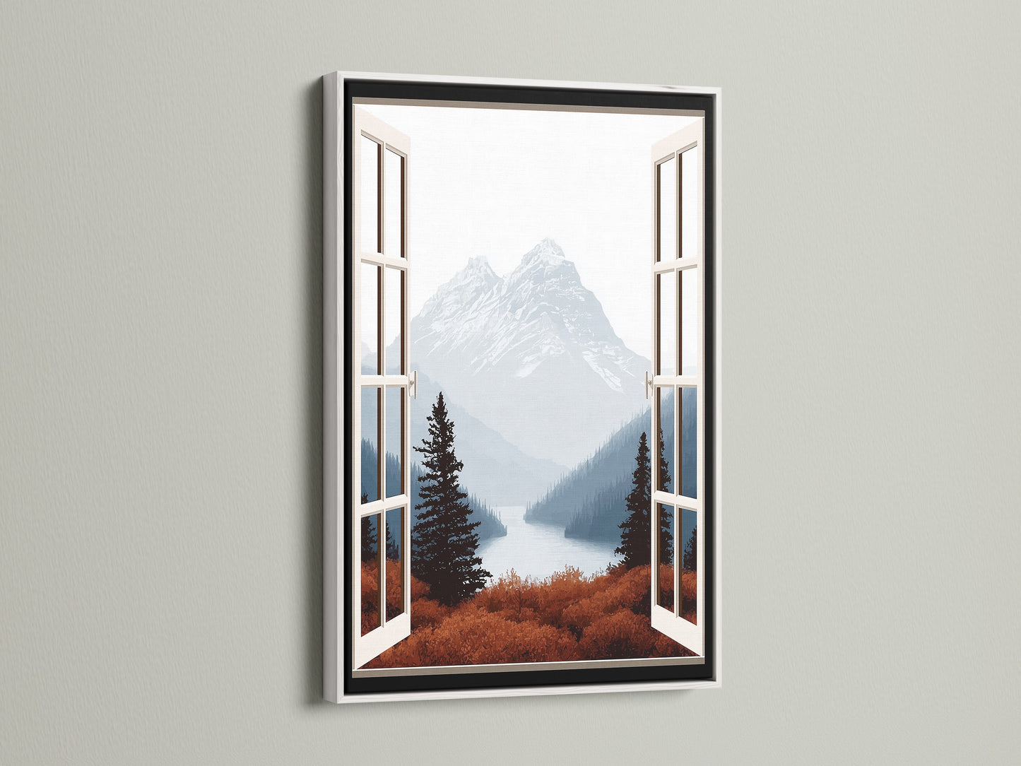 Mountain View Canvas Print in a white frame. This artwork captures a serene nature landscape through an open window. The mountain scene provides a calming atmosphere. Enhance your home wall decor with this scenic print. Ideal for adding a touch of nature to any room including living rooms and bedrooms.