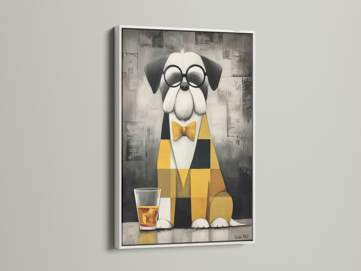Dog with Bowtie art in a white frame. This modern animal print adds a touch of whimsy to any space. Ochre and gray tones create a stylish look. Enhance your home office wall decor with this unique artwork.
