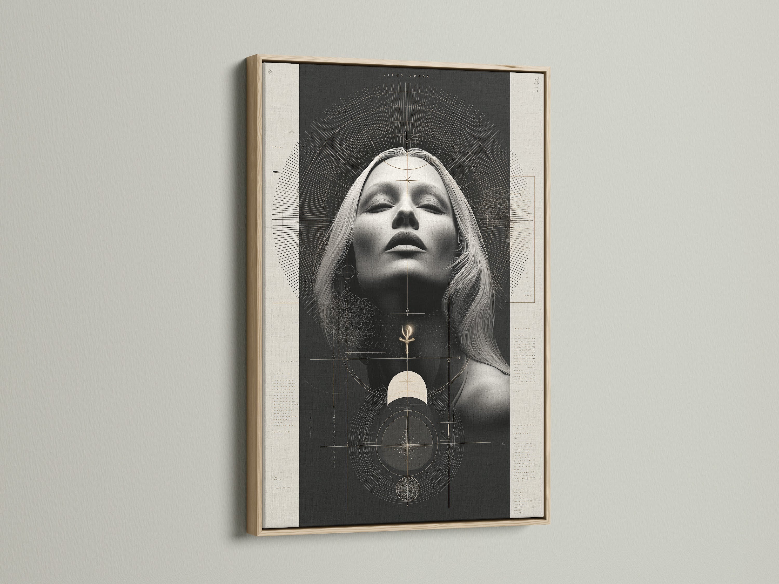 Mystical Woman Portrait canvas artwork in an oak frame. Enhance your space with this modern spiritual piece. Ideal for boho bedroom decor or as occult wall decor. The artwork combines sacred geometry with divine feminine art. It is perfect for creating a serene atmosphere.