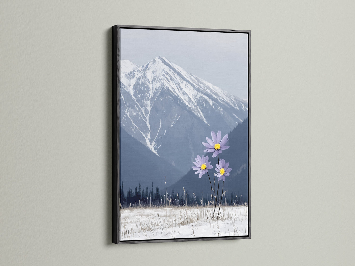 The mountain flower art is striking in a black frame. This winter landscape wall art features snowy mountains and vibrant lilac flowers. It is ideal for bedroom decor. Nature photography meets modern style in this unique piece.
