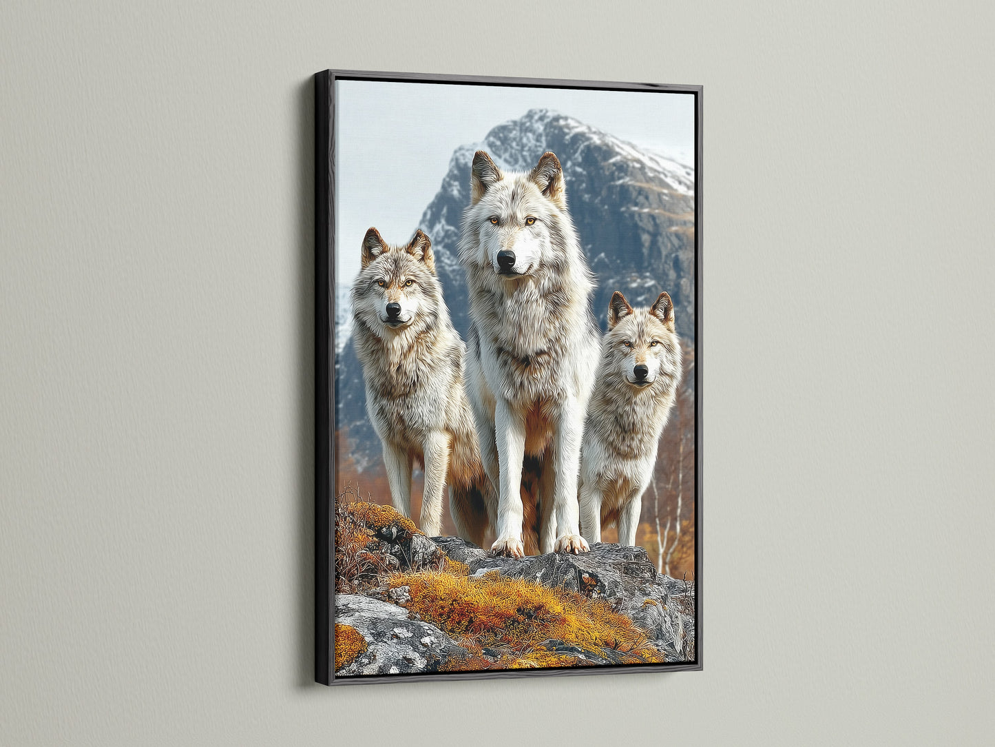 Here is the wolf artwork showcased in a black frame. The wildlife print stands out with its contrast. This animal canvas offers a modern rustic touch. Ideal for industrial or eclectic styles. This canine art brings wilderness indoors.