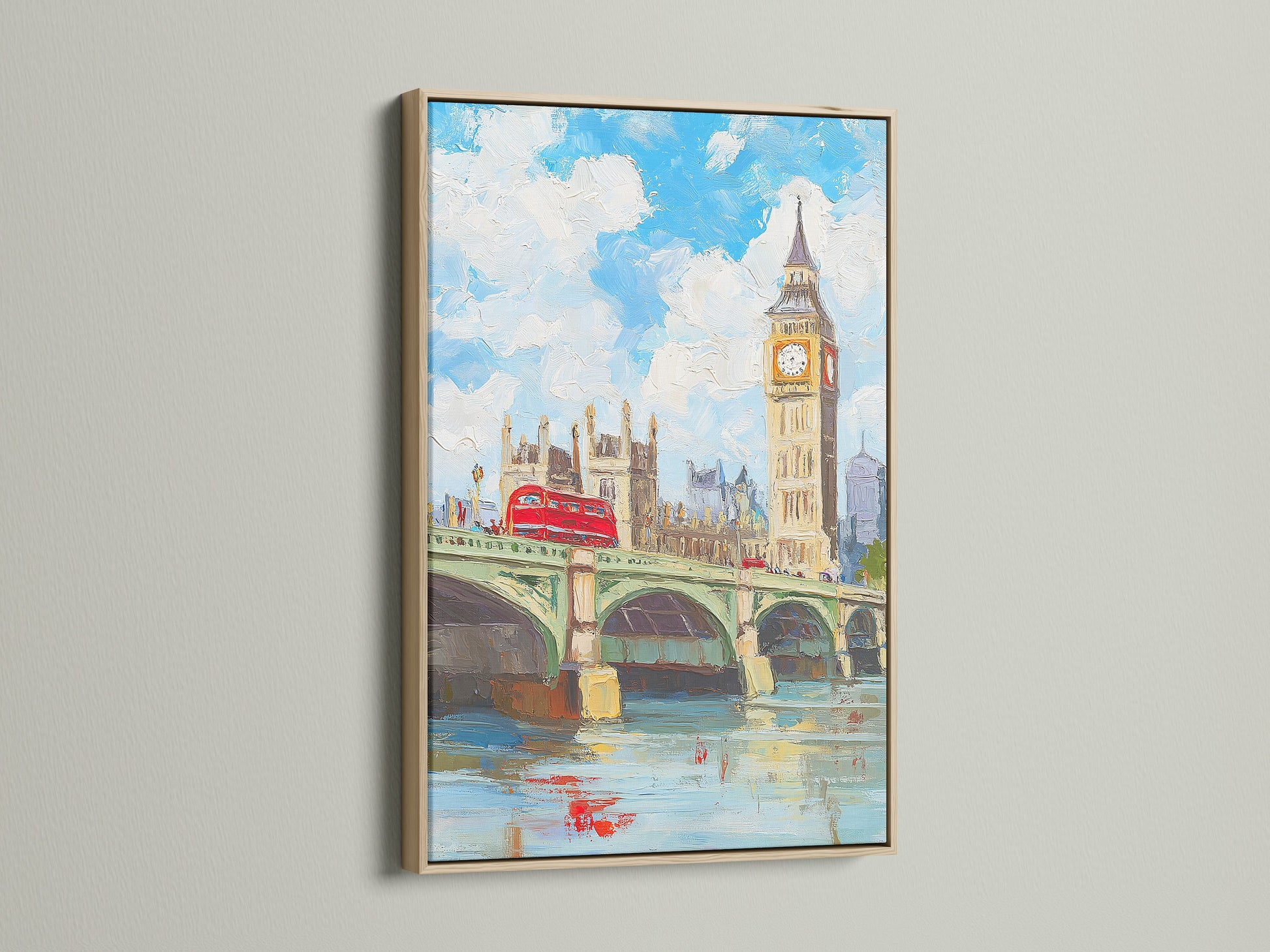 London Big Ben artwork in an oak frame. The British cityscape features Westminster Bridge. This fine art print adds a touch of London to any room. Ideal for living rooms offices and entryways.