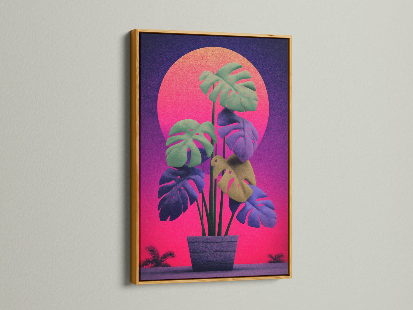 Monstera retro sunset artwork in a gold frame. The gold frame enhances the artwork's vibrant colors. The vaporwave art style adds a unique touch. Elevate your home or office with this stunning piece.