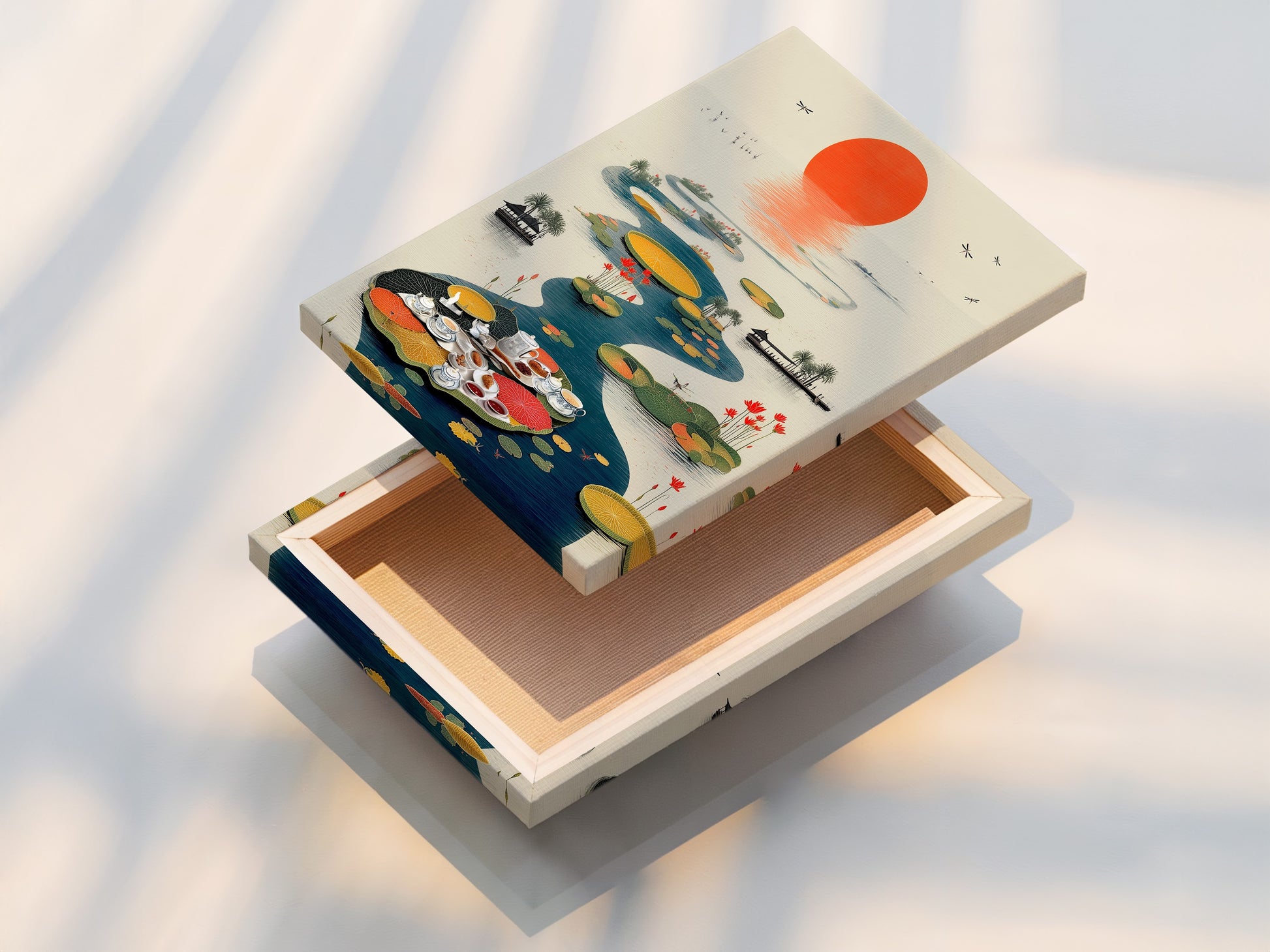 Close-up of a stretched canvas print featuring the Asian Tea Ceremony artwork. This oriental wall art showcases a serene lotus pond. The stretched canvas ensures the artwork is ready to hang and enjoy. Perfect for adding a touch of tranquility to living rooms bedrooms and dining areas.